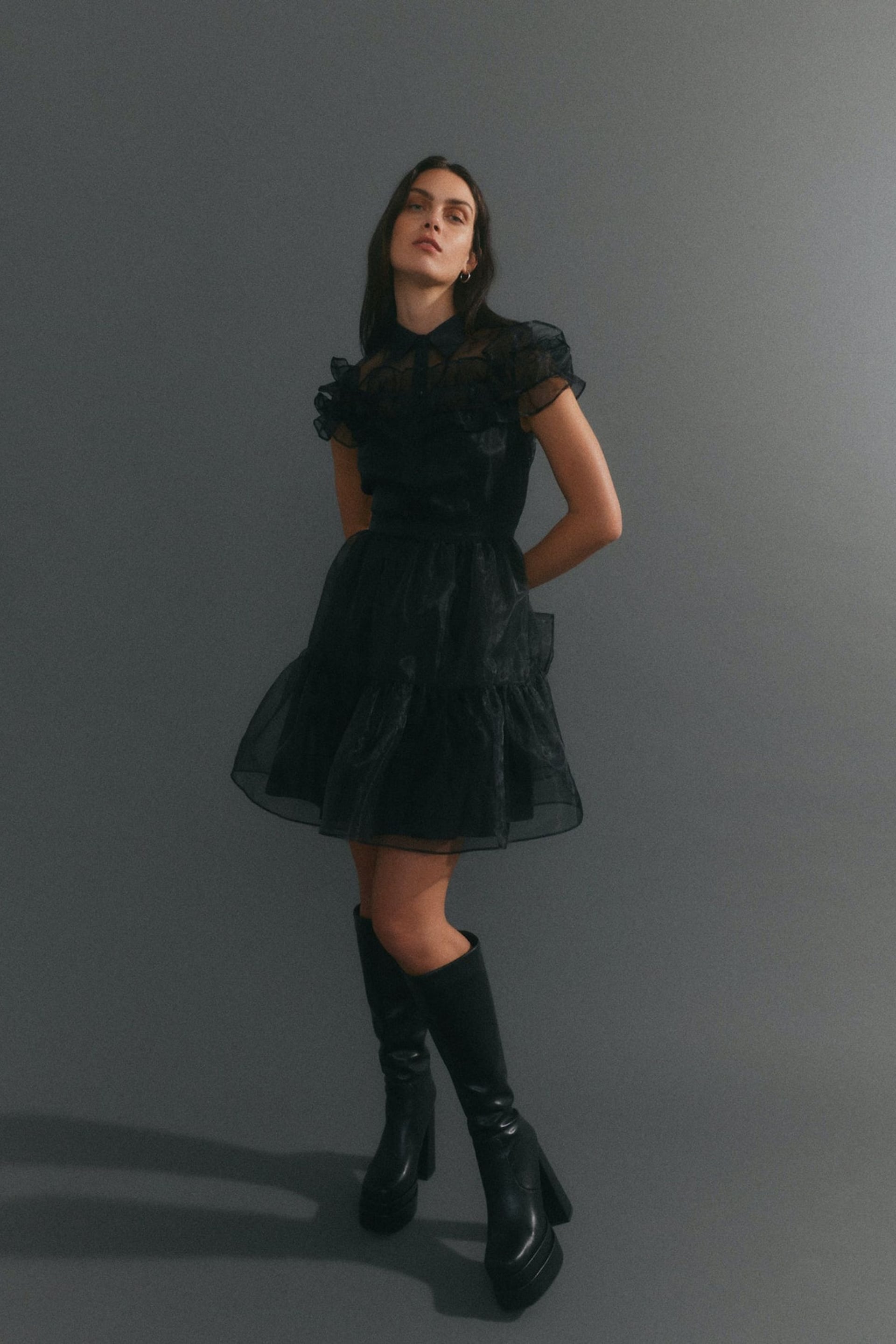 VERO MODA Black Mesh Ruffle Skater Party Dress - Image 1 of 7