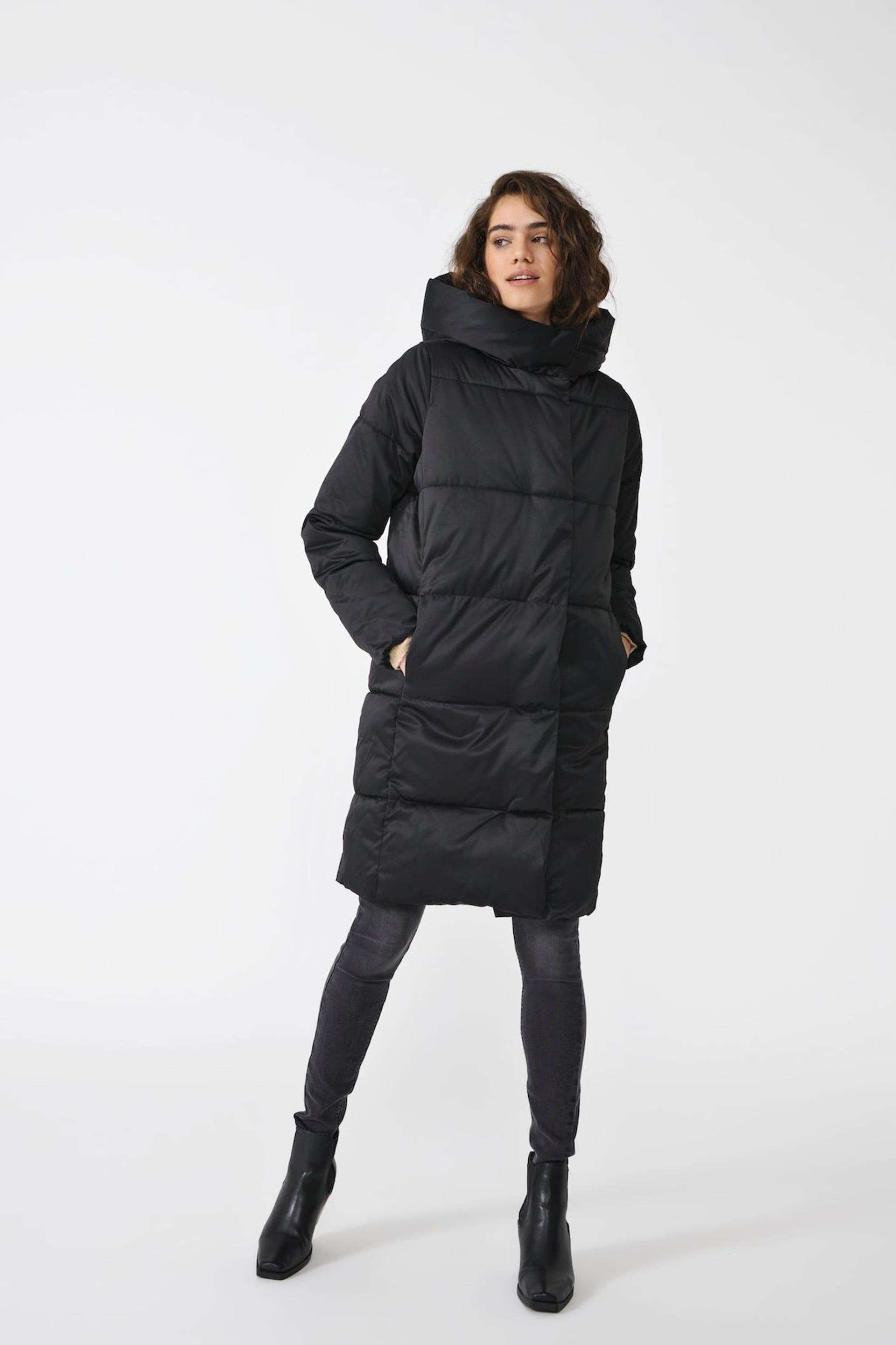 JDY Black High Neck Padded Hooded Longline Coat - Image 1 of 7