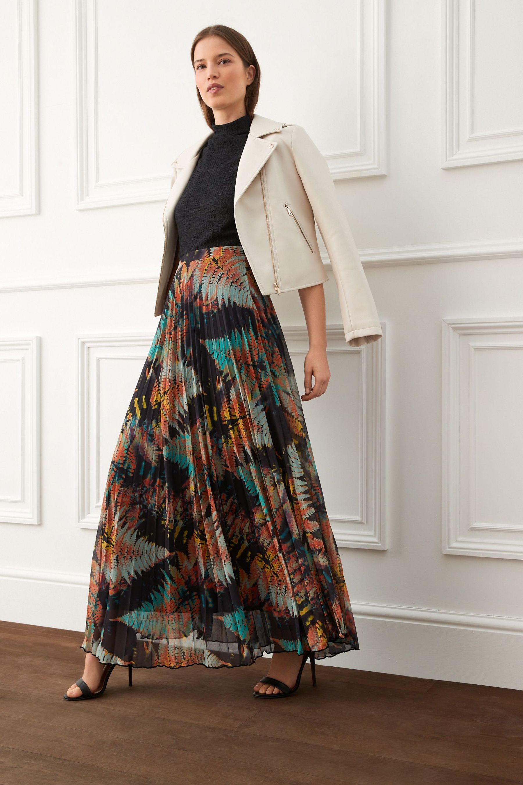 Buy Black Fern Print Pleated Mesh Maxi Skirt from Next Ireland