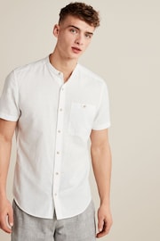 White Grandad Collar Linen Blend Short Sleeve Shirt - Image 1 of 5