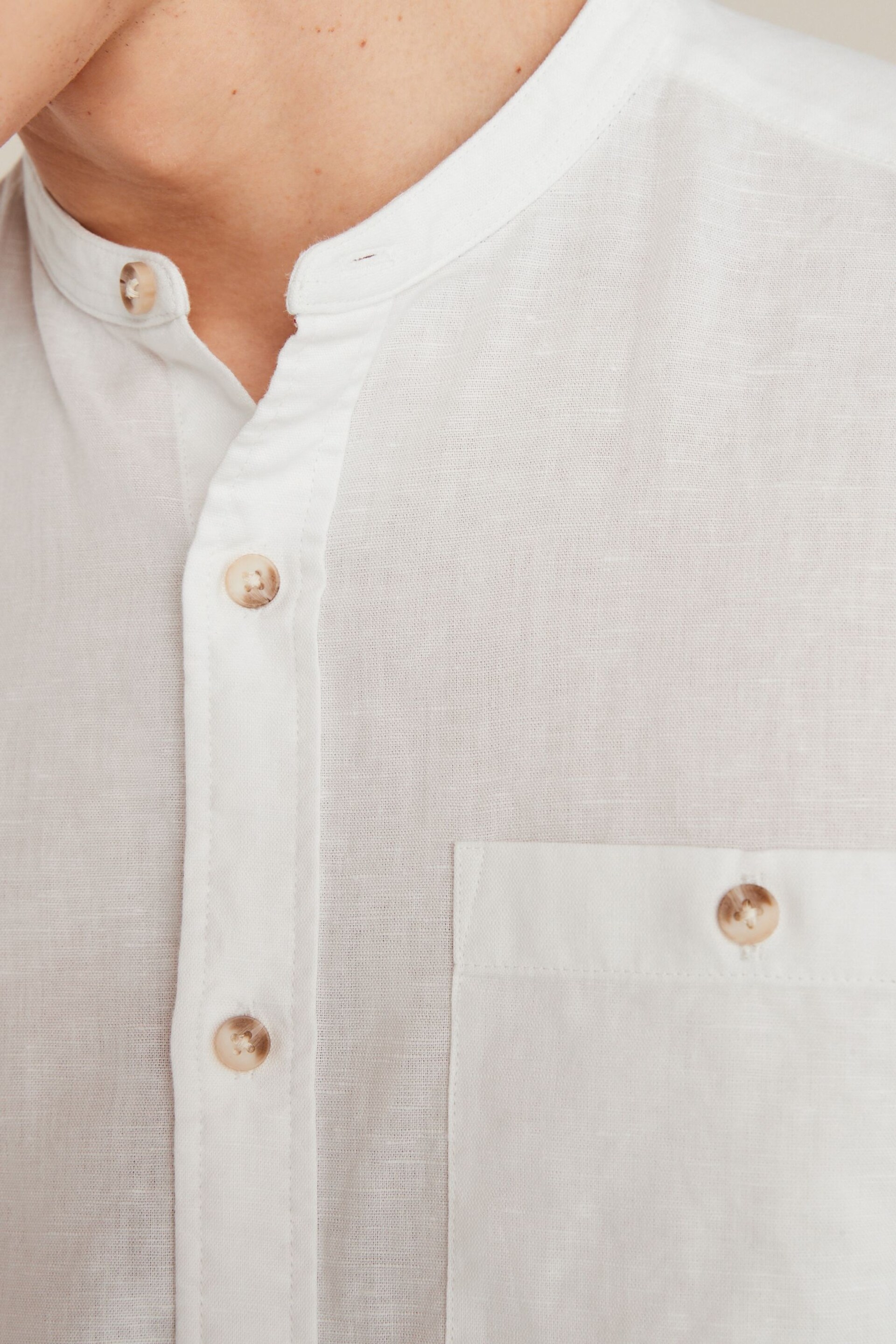 White Grandad Collar Linen Blend Short Sleeve Shirt - Image 4 of 5