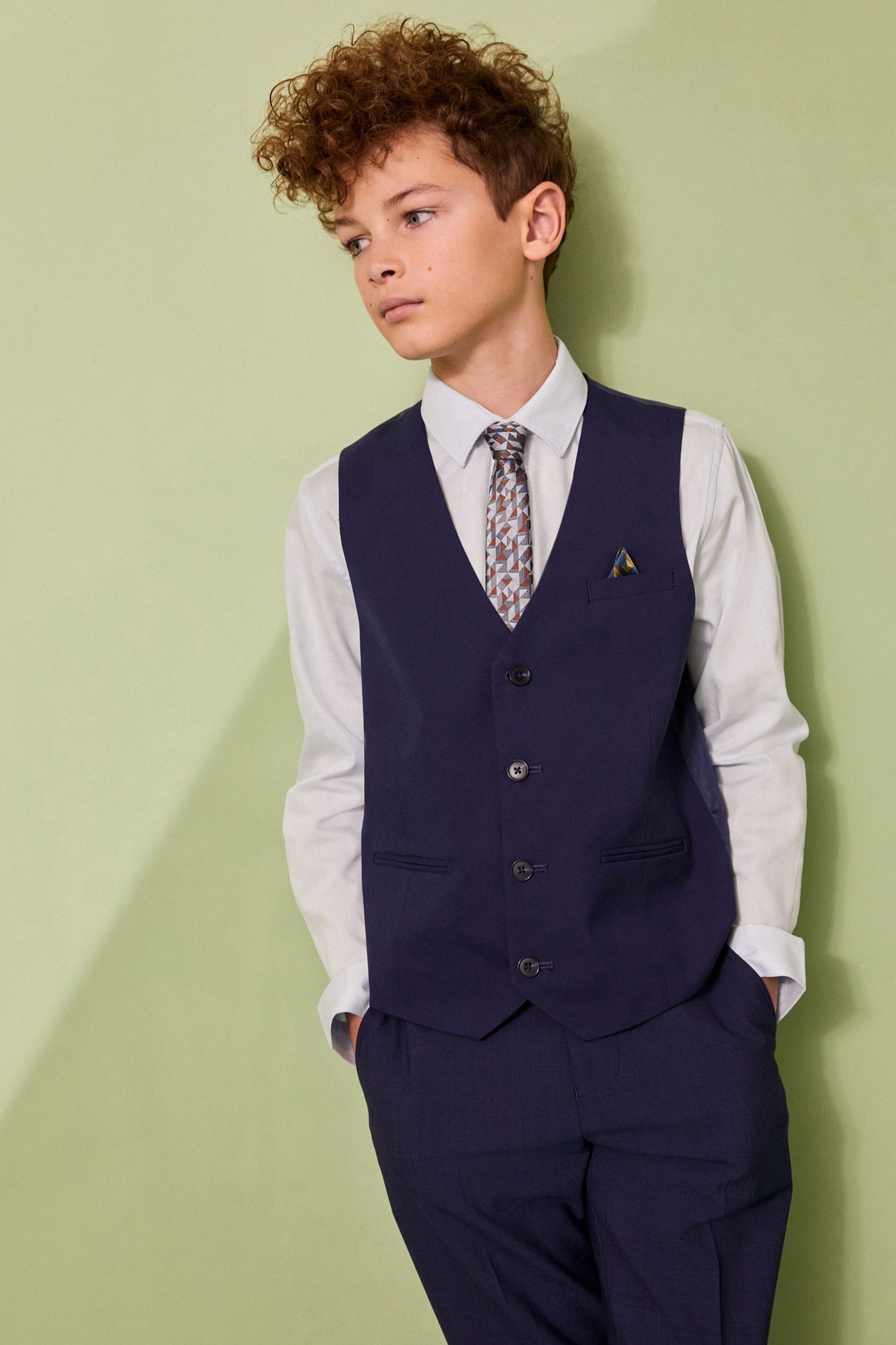 Navy Blue Waistcoat, Blue Shirt & Tie Set Waistcoat (12mths-16yrs) - Image 1 of 6