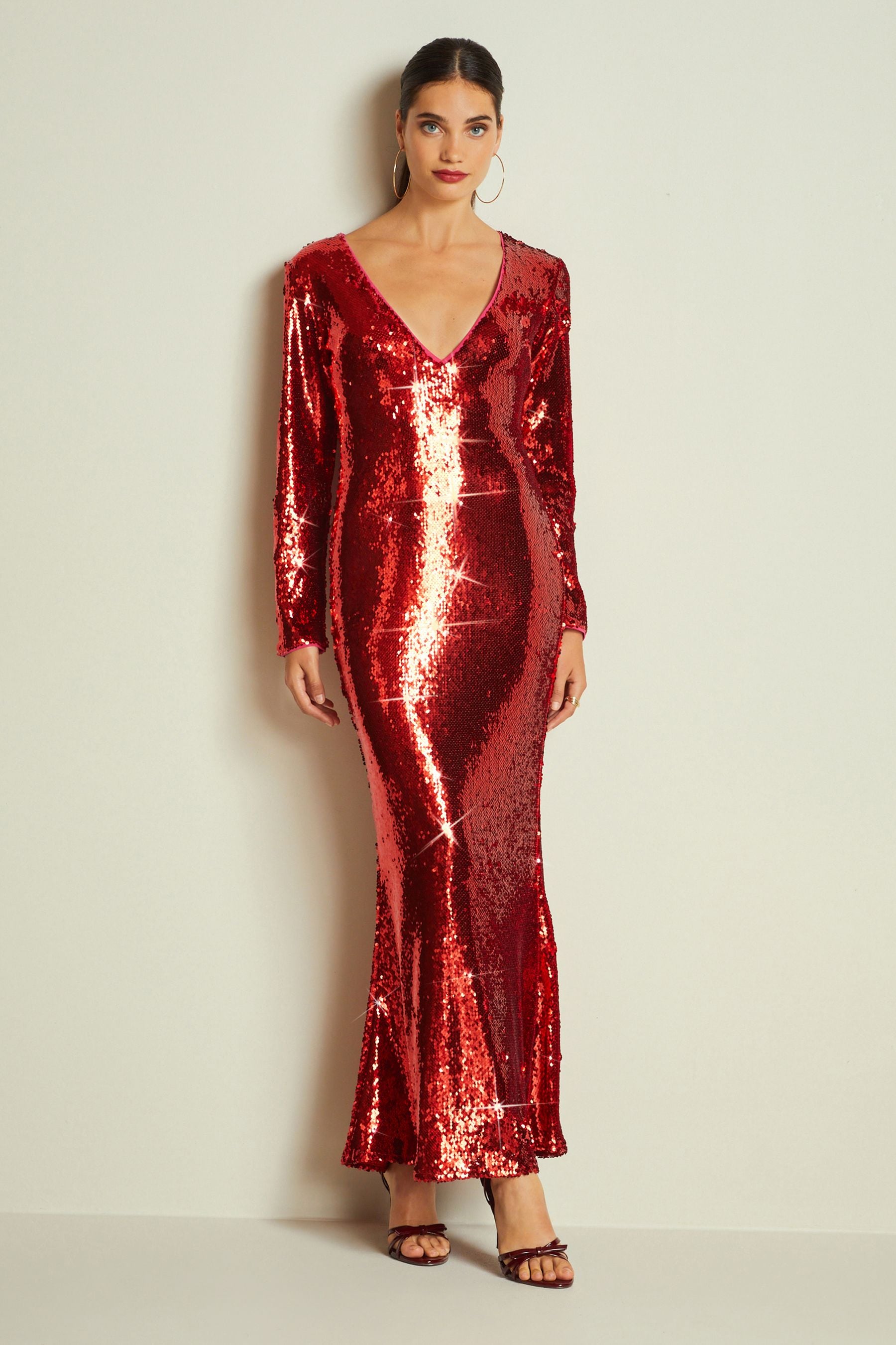 Long sleeve plunge sequin dress clearance