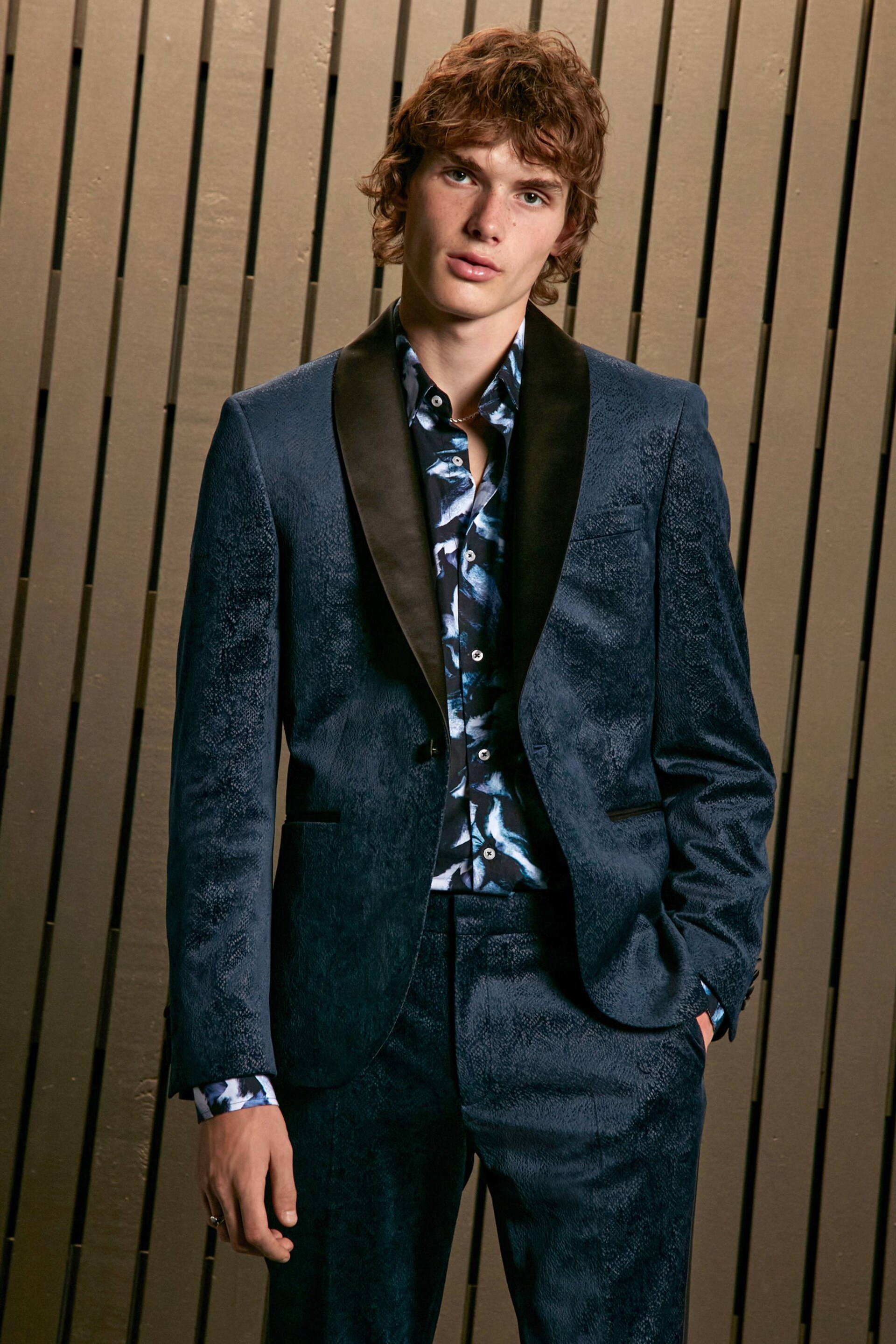 Navy Blue EDIT Slim Snake Print Velvet Tuxedo Jacket - Image 1 of 11