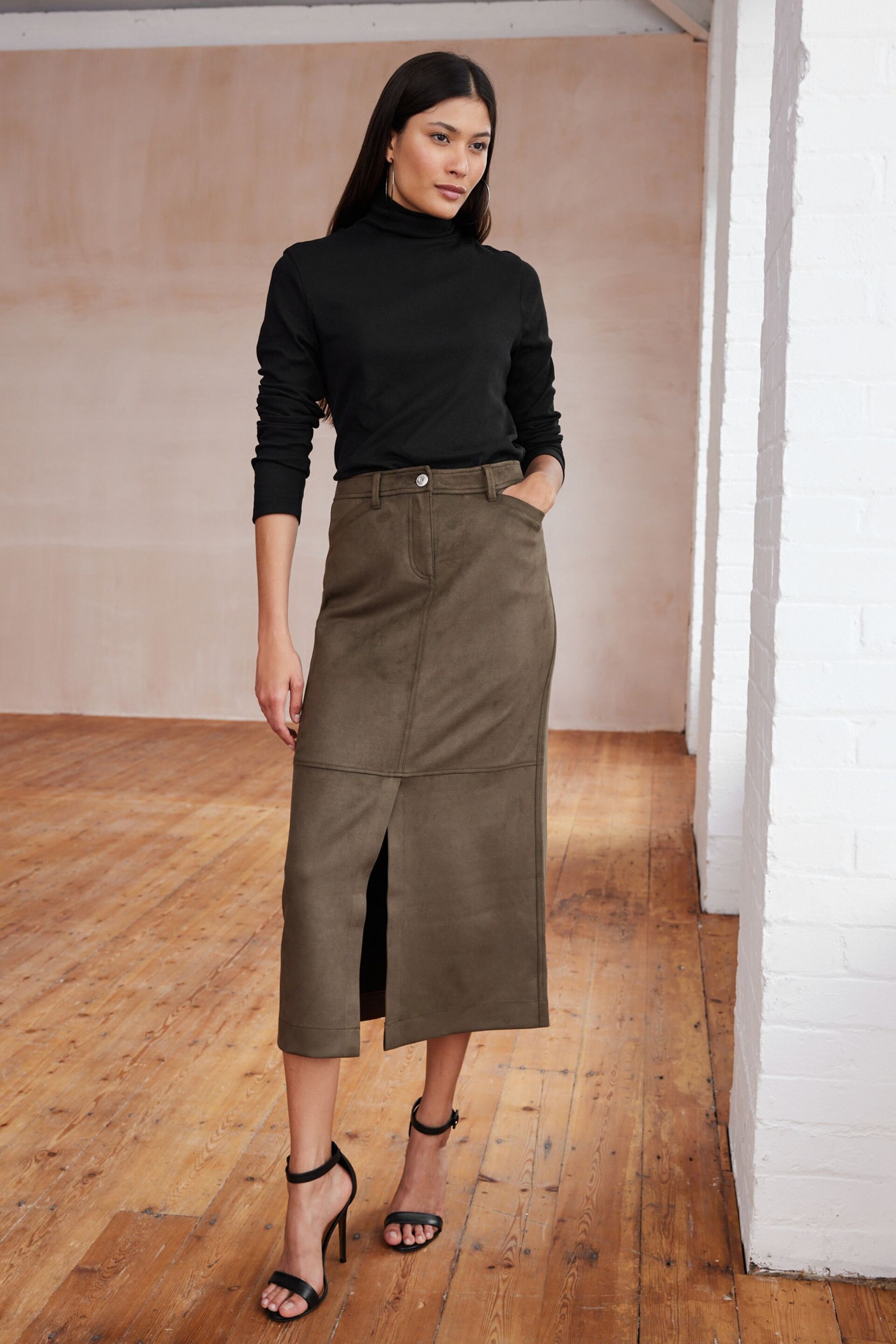 Khaki Green Suede Column Slit Midi Skirt - Image 1 of 6