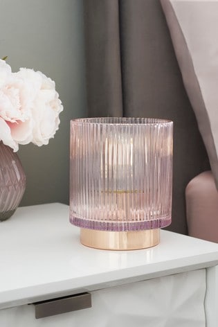 Battery Operated Ribbed Ambient Lamp, Pink Glass Table Lamp Shade