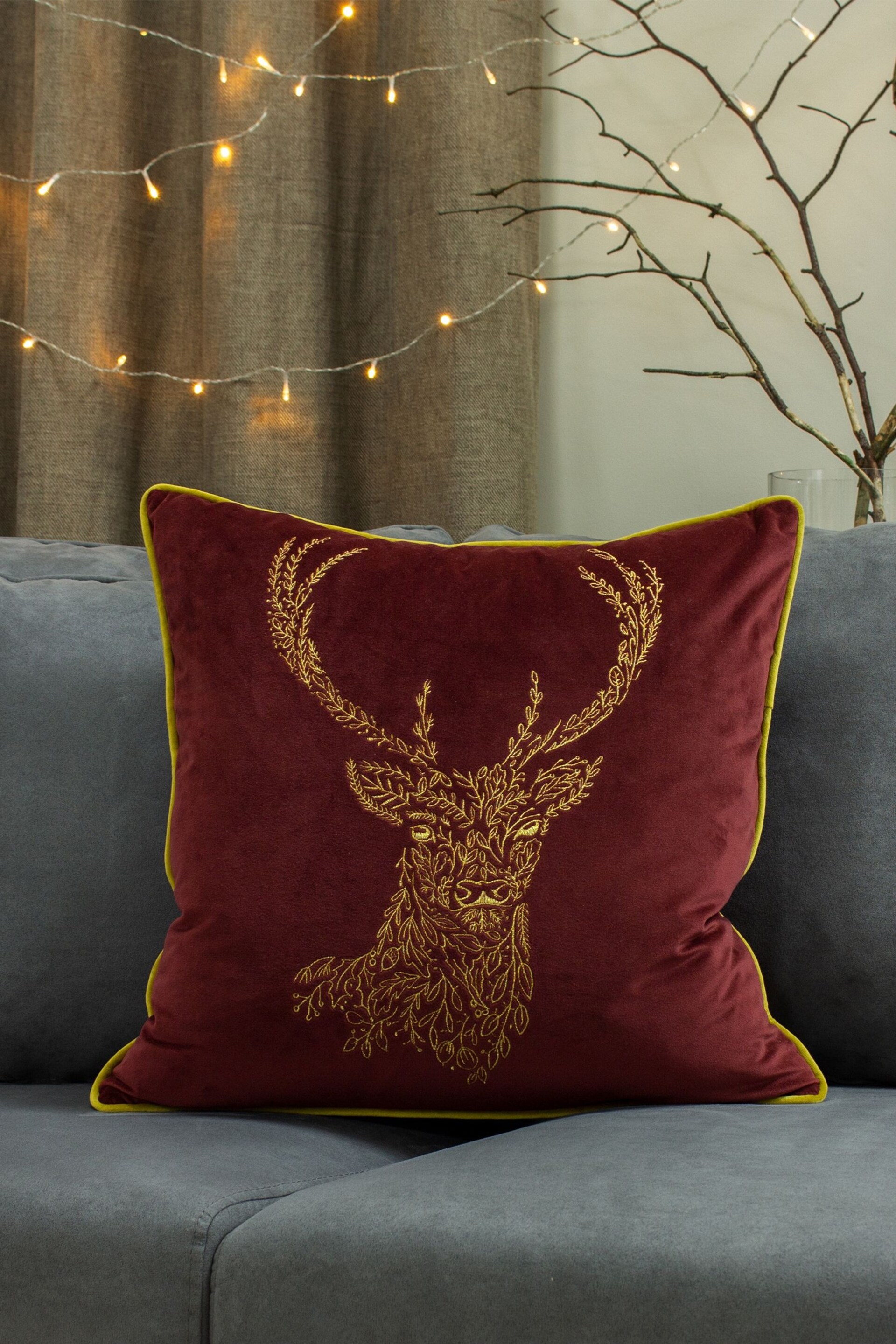 furn. Burgundy Red/Gold Forest Fauna Embroidered Polyester Filled Cushion - Image 1 of 5
