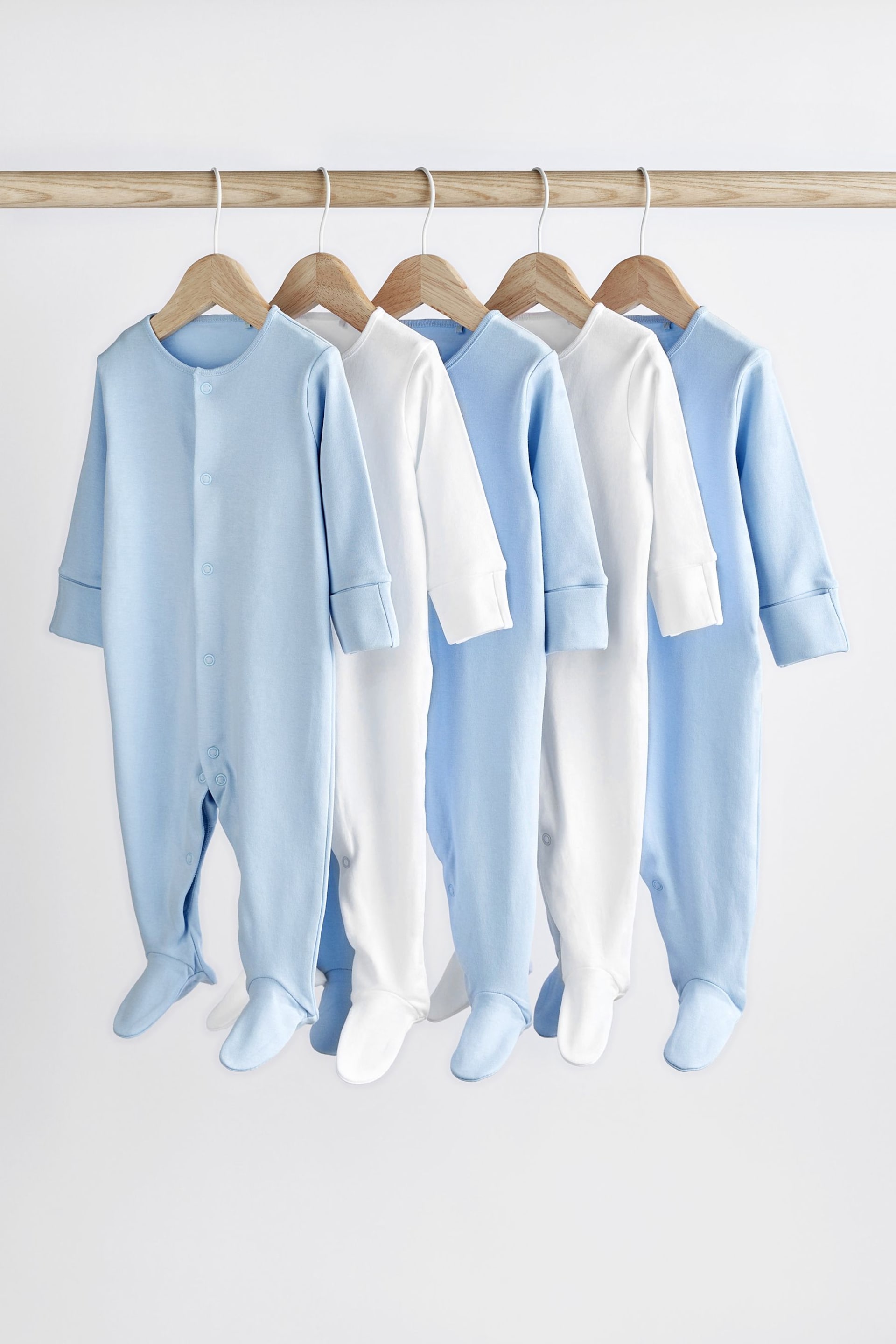 Blue/White 5 Pack Cotton Baby Sleepsuits (0-2yrs) - Image 1 of 7