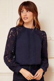 Love & Roses Navy Blue Tie Back Long Sleeve Lace Blouse - Image 1 of 4