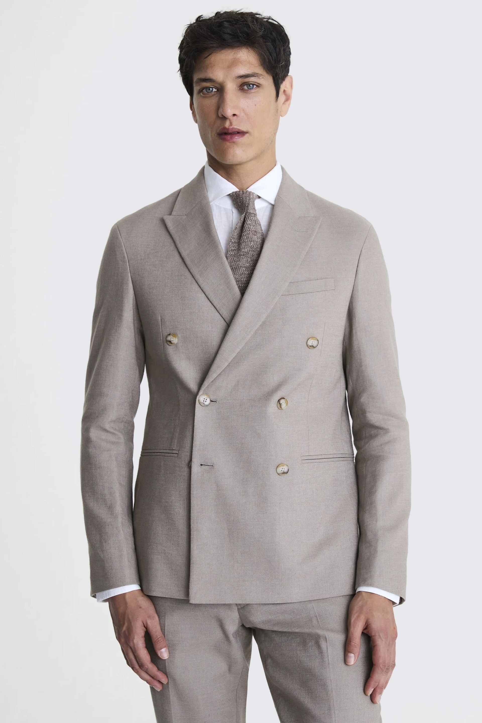 MOSS Slim Fit Taupe Matte Linen Double Breasted Grey Jacket - Image 1 of 5