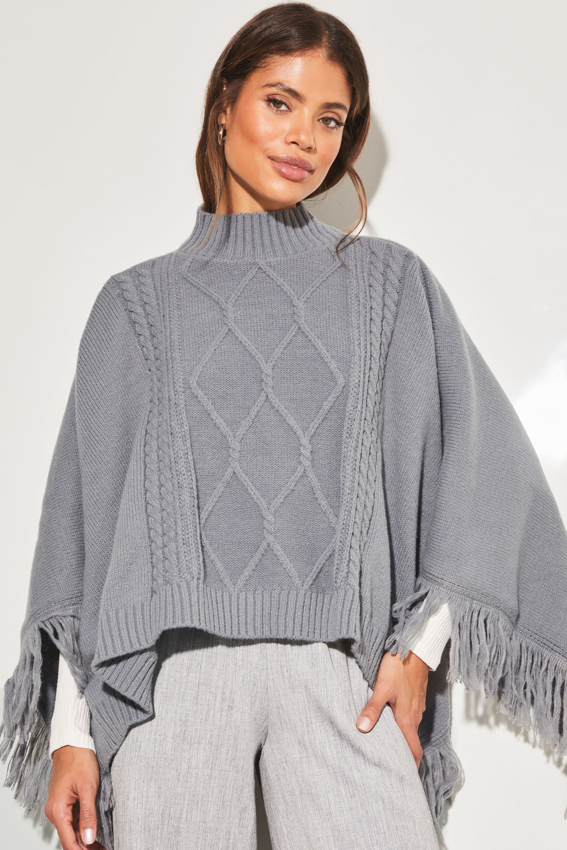 Lipsy Grey Super Soft Cosy Roll Neck Cable Knit Poncho - Image 1 of 4