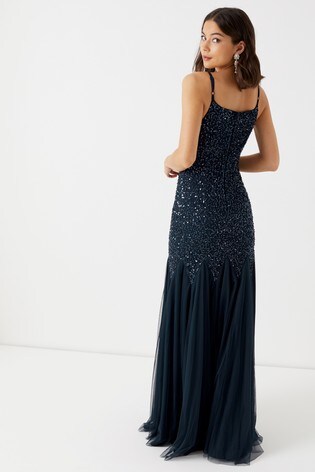 navy sequin embellished fishtail maxi dress