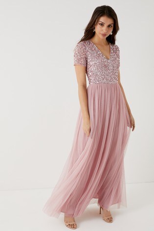 pink v neck maxi dress
