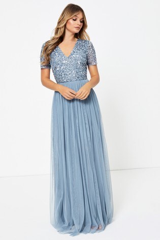 maya v neck short sleeve sequin maxi dress