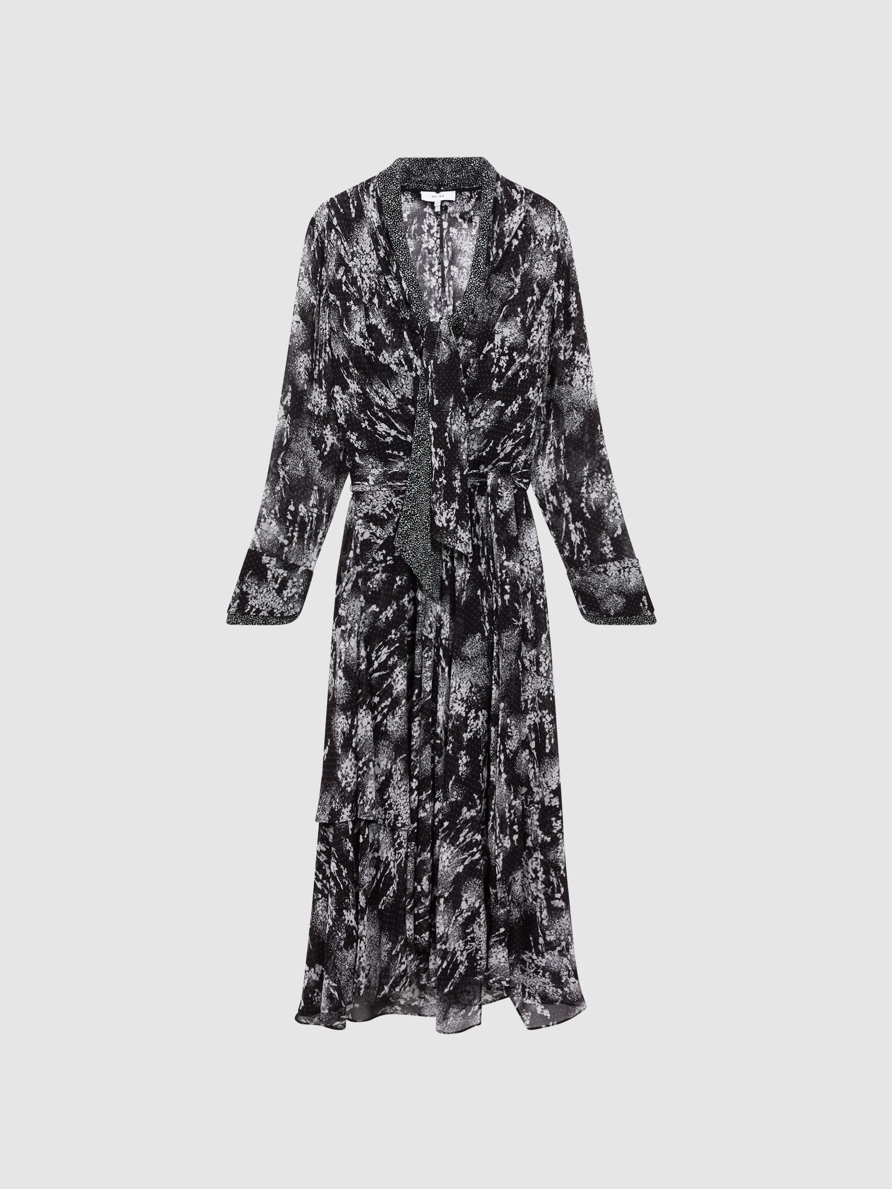 Reiss Damen Schwarz Callie Belted Ruffle Printed Midi Dress