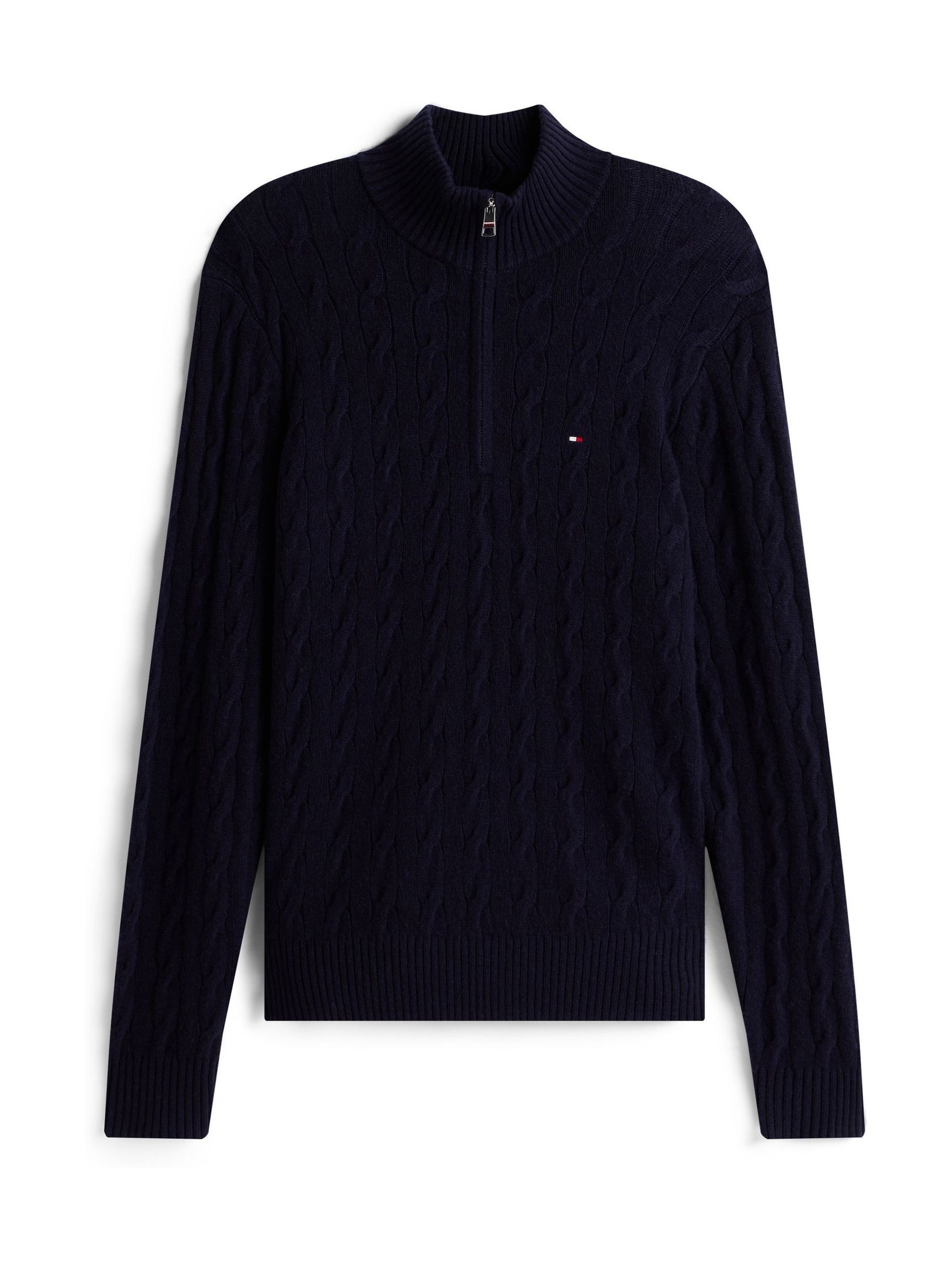 Tommy Hilfiger Blau Pullover Aus Reiner Lammwolle Mit Zopfstrickmuster Und Viertelreißverschluss - Bild 1