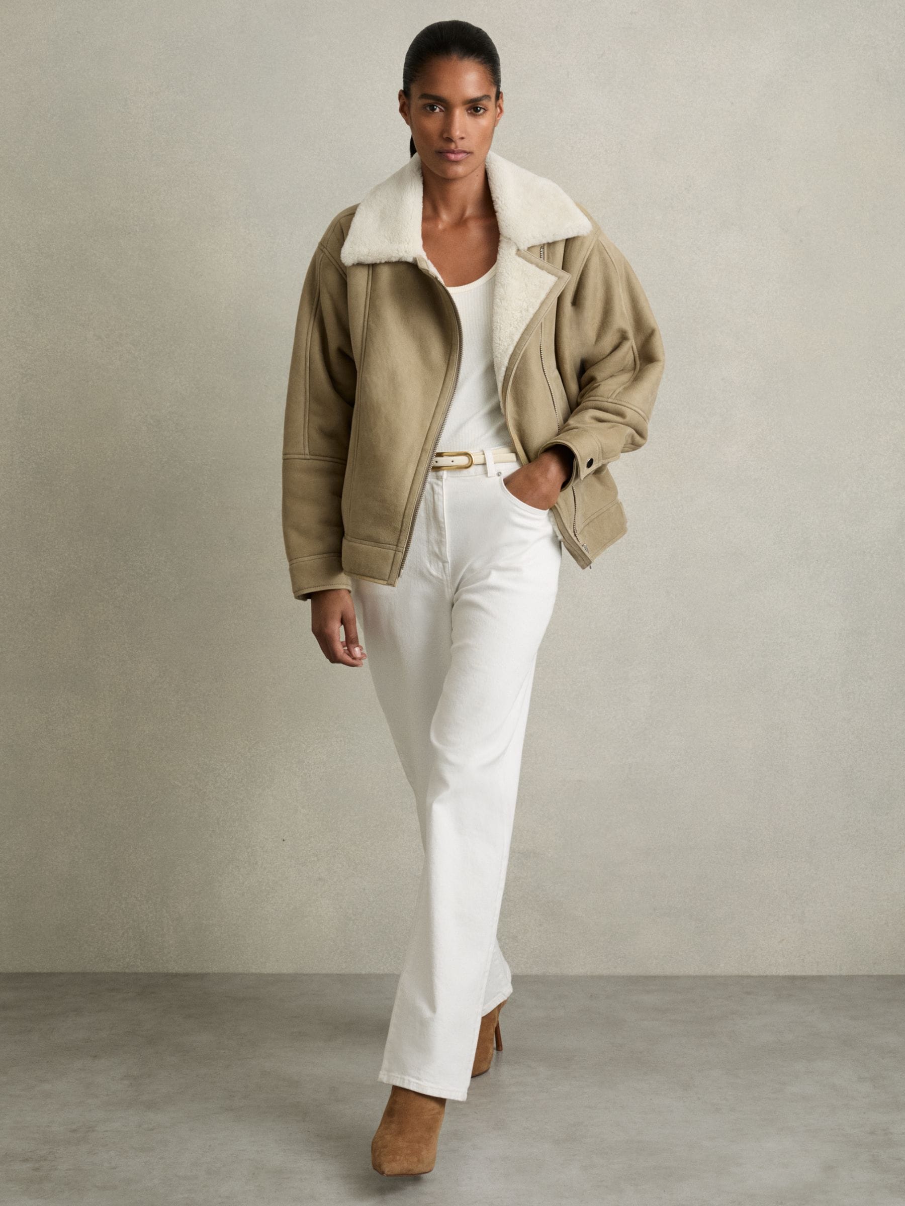 Reiss Mona Giacca Da Aviatore In Pelle Foderata In Shearling