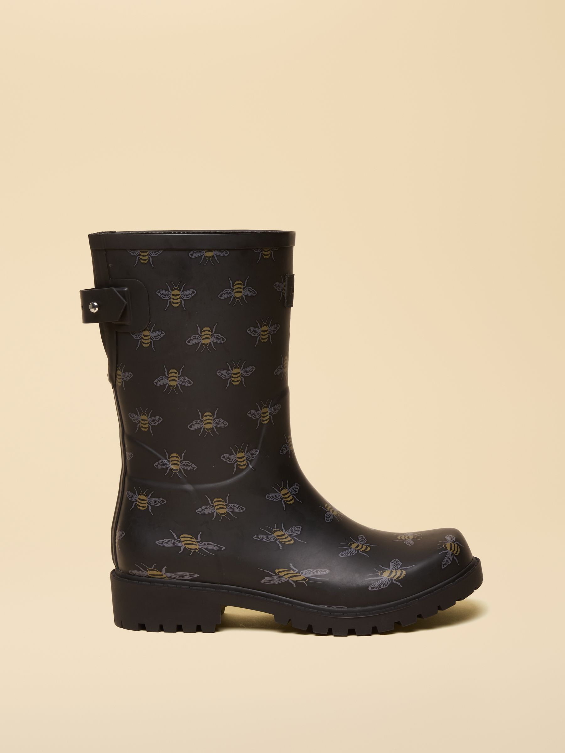 Joules Gold Wistow Black & Bee Print Adjustable Mid Calf Wellies