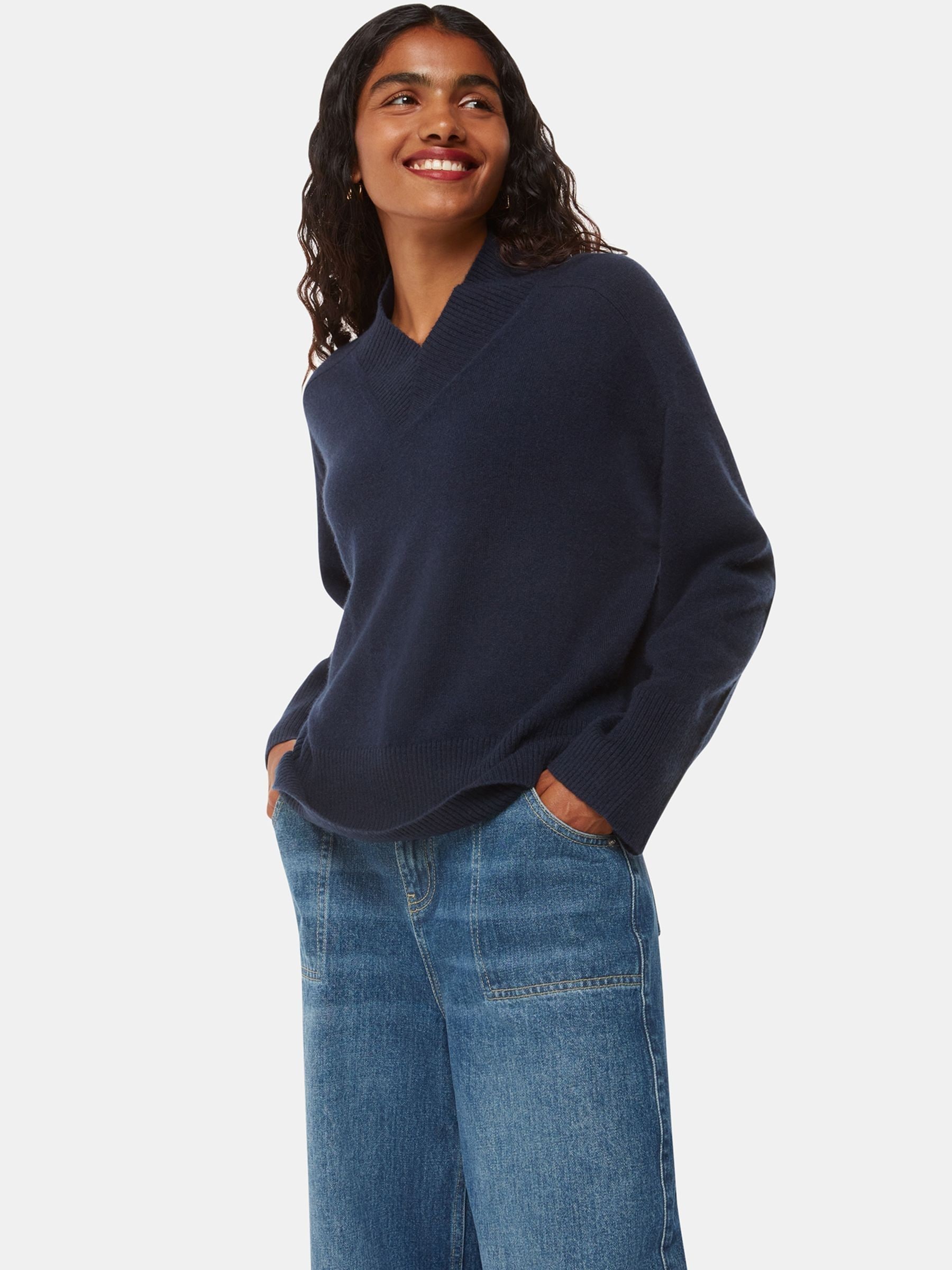 Whistles Blue Petite Cashmere V-Neck Knit Jumper