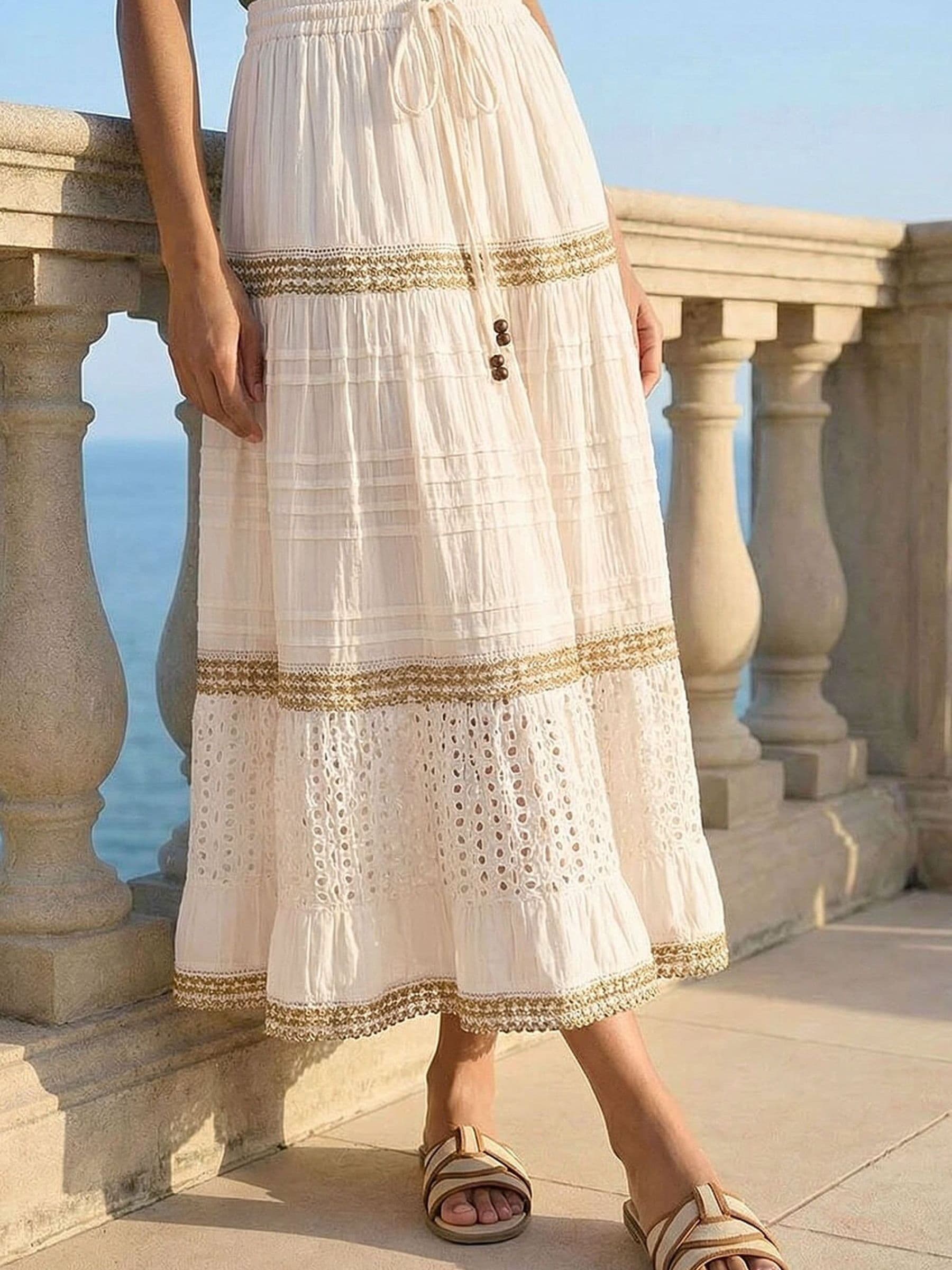 Roman Damen Weiß Broderie Cotton Tiered Maxi Skirt - Image 1