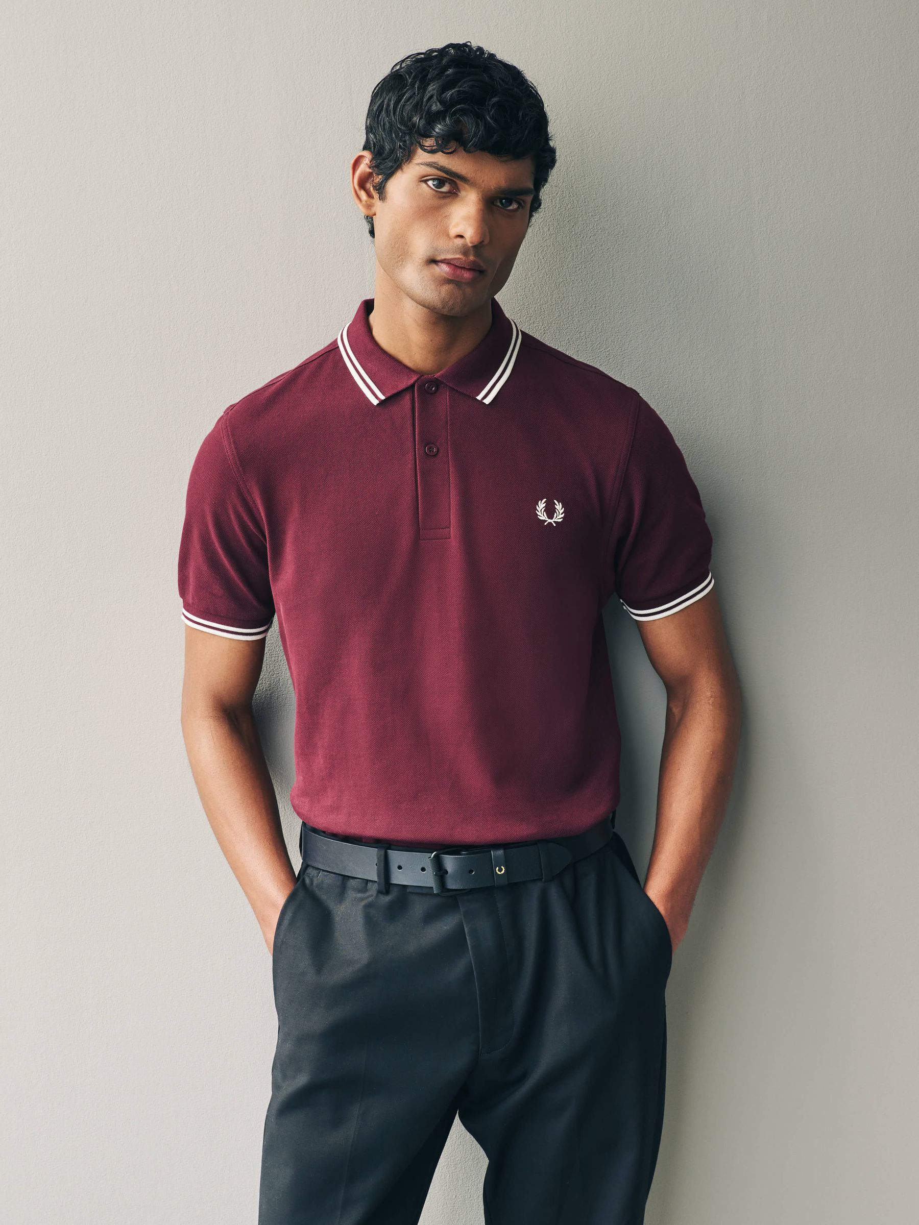 Fred Perry Uomo Rosso Polo Con Doppio Bordo In Bordeaux - Immagine 6