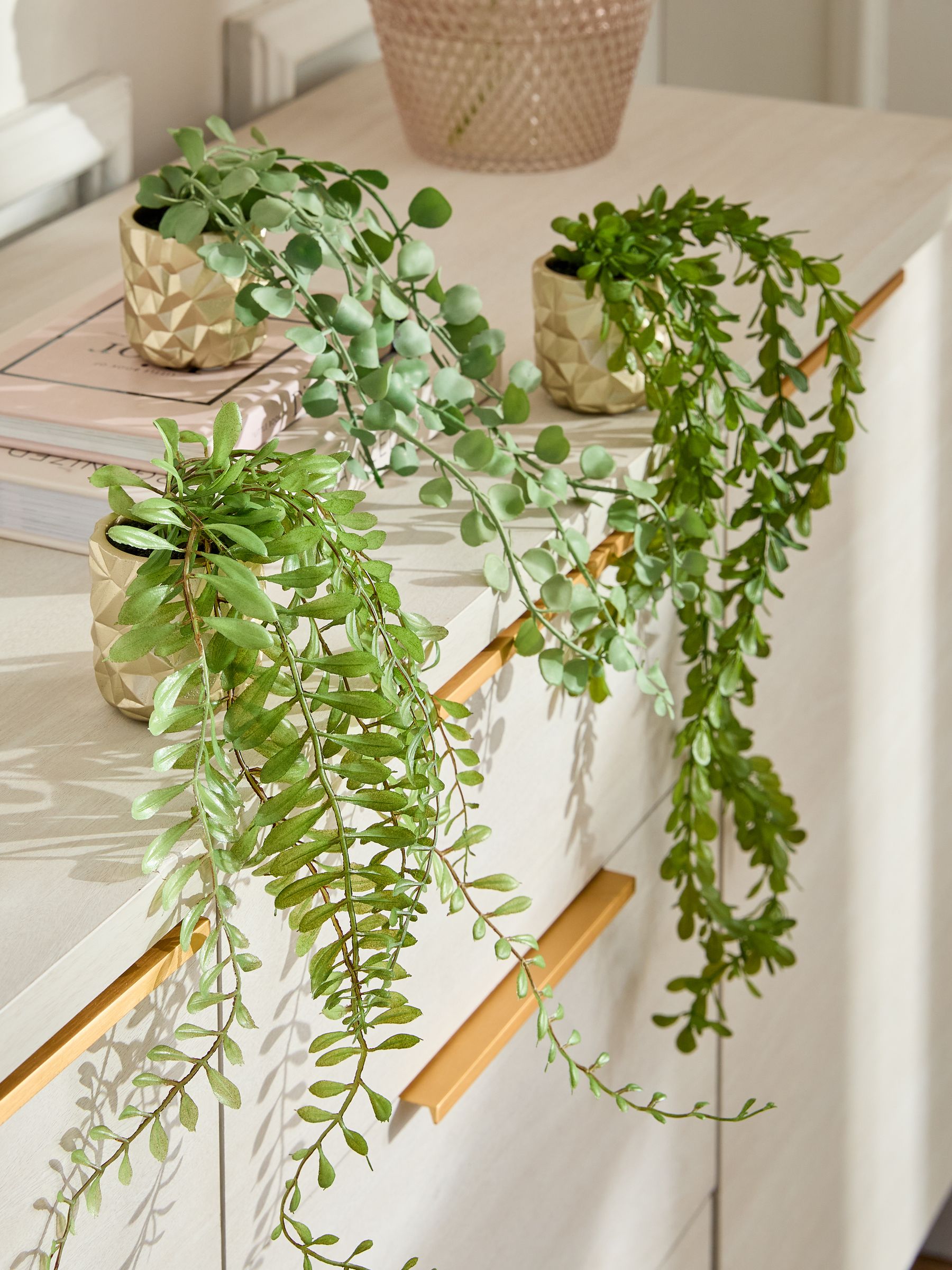 Next Green Artificial Trailing Plants In Mini Gold Hex Pots