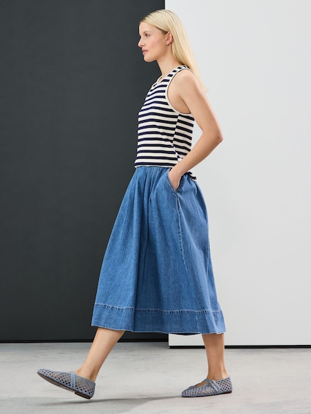 Mid Blue Puffball Midi Denim Skirt