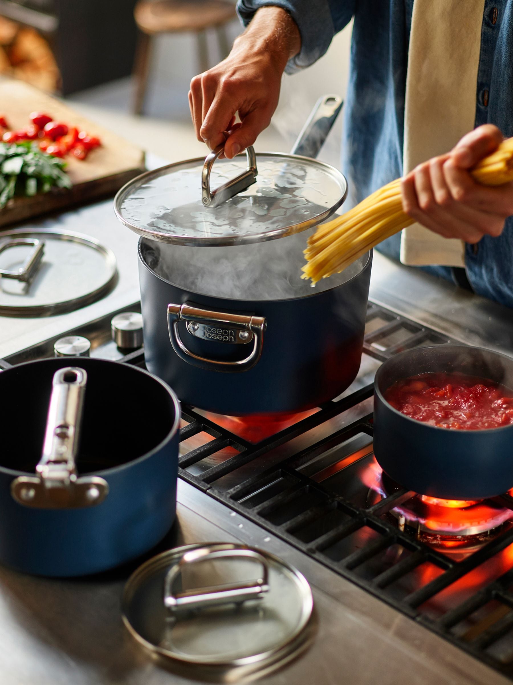 Joseph Joseph Midnight Blue Space Folding Handle Ceramic Nonstick 3 Piece Saucepan Set