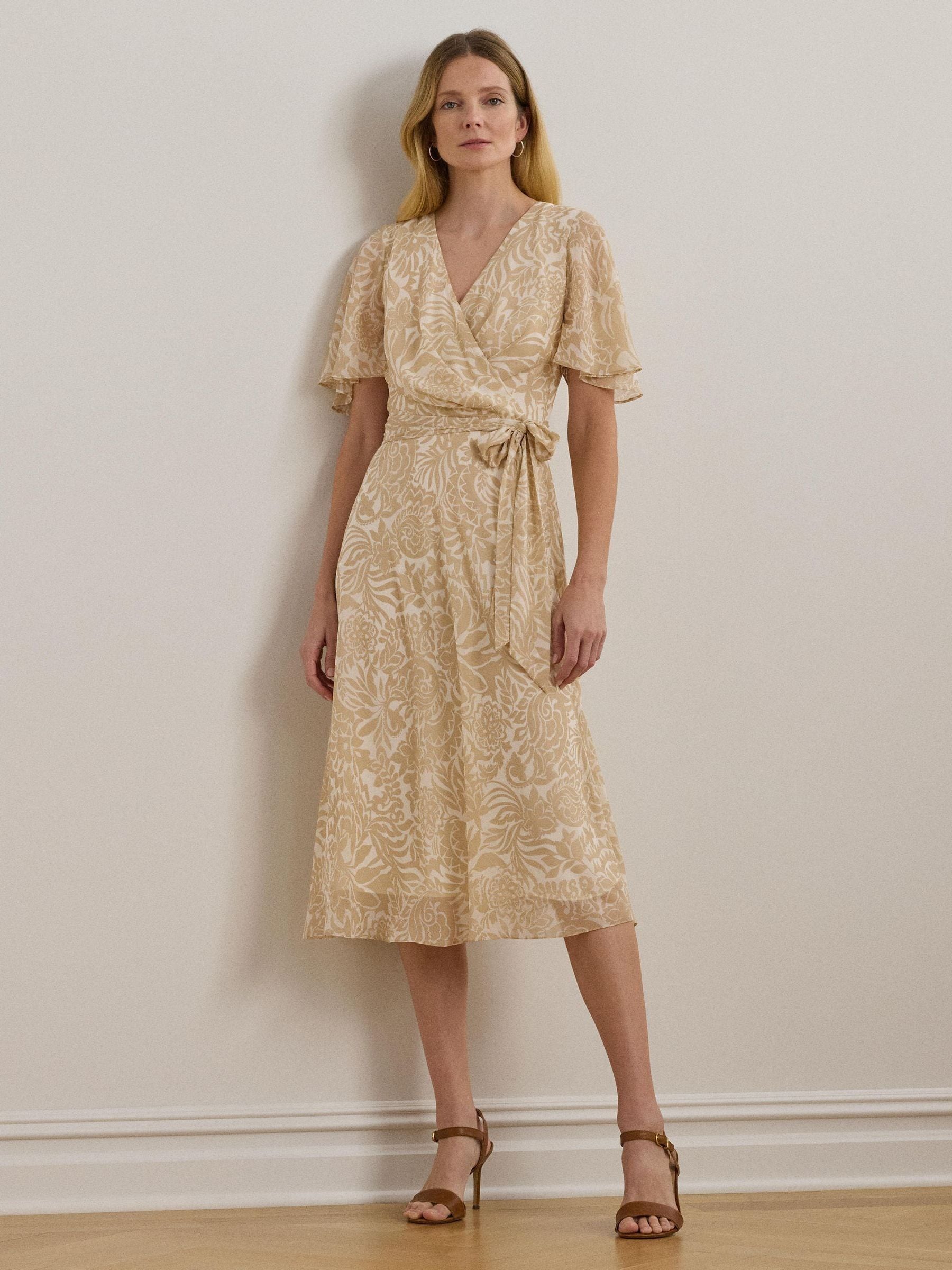 Lauren Ralph Lauren Kvinno Cream Filsee Print Belted Midi Dress