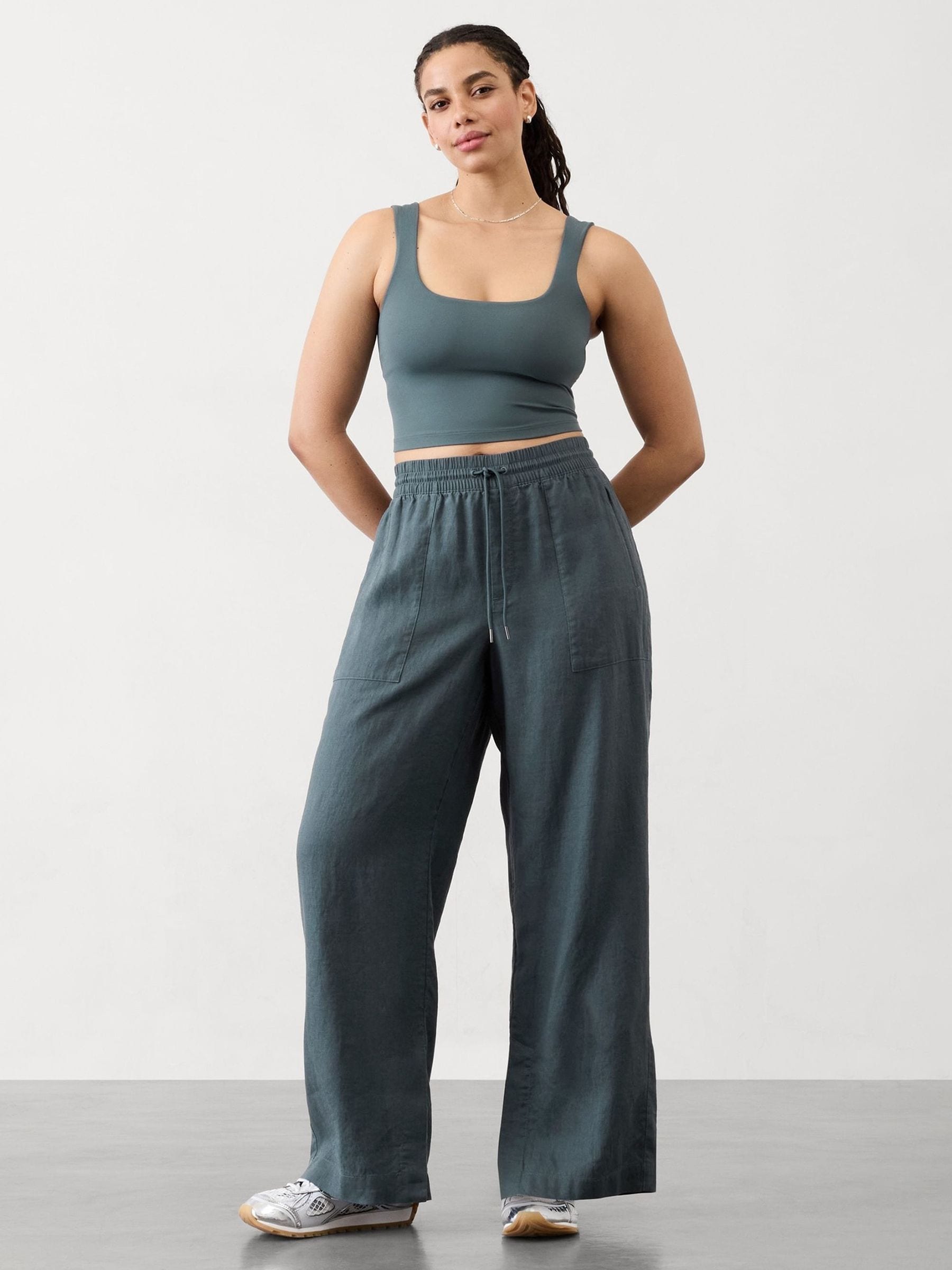 Athleta Grey Retreat Linen High Waisted Wide Leg Trousers