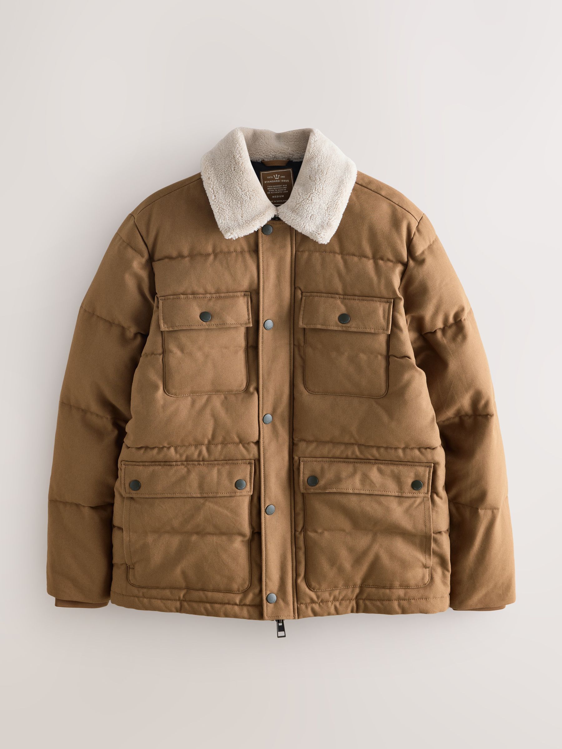 Next Tan Brown Canvas Worker Puffer Jacket With Borg Collar