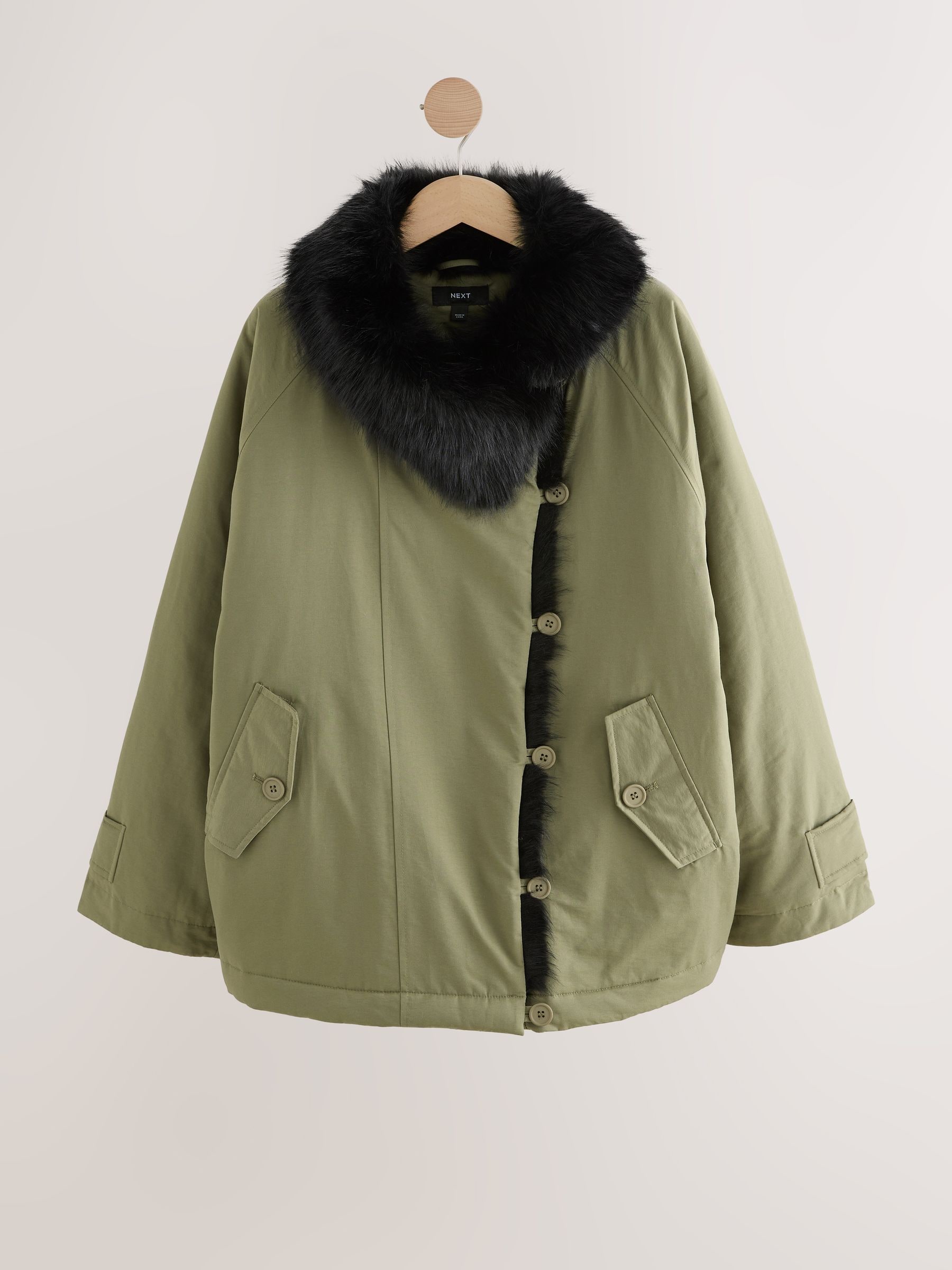 Next Khaki Green Parka With Contrast Faux Fur Trim