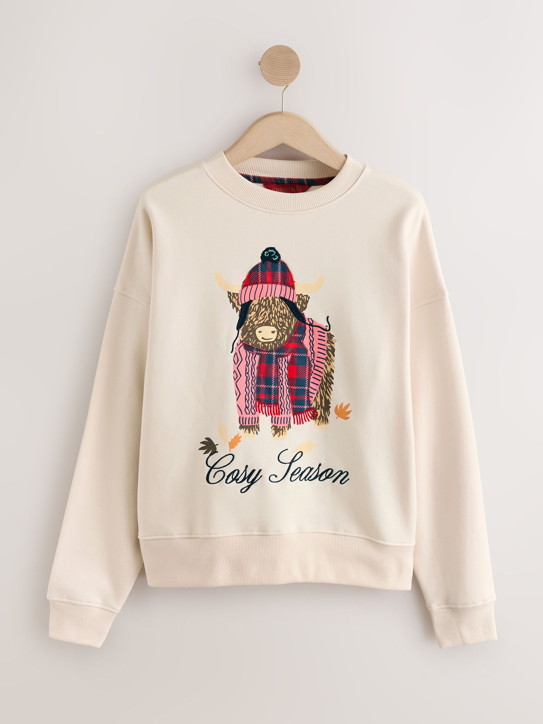 Next Cream Cotton Rich Christmas Hamish Graphic Long Sleeve Crew Neck Sweatshirt