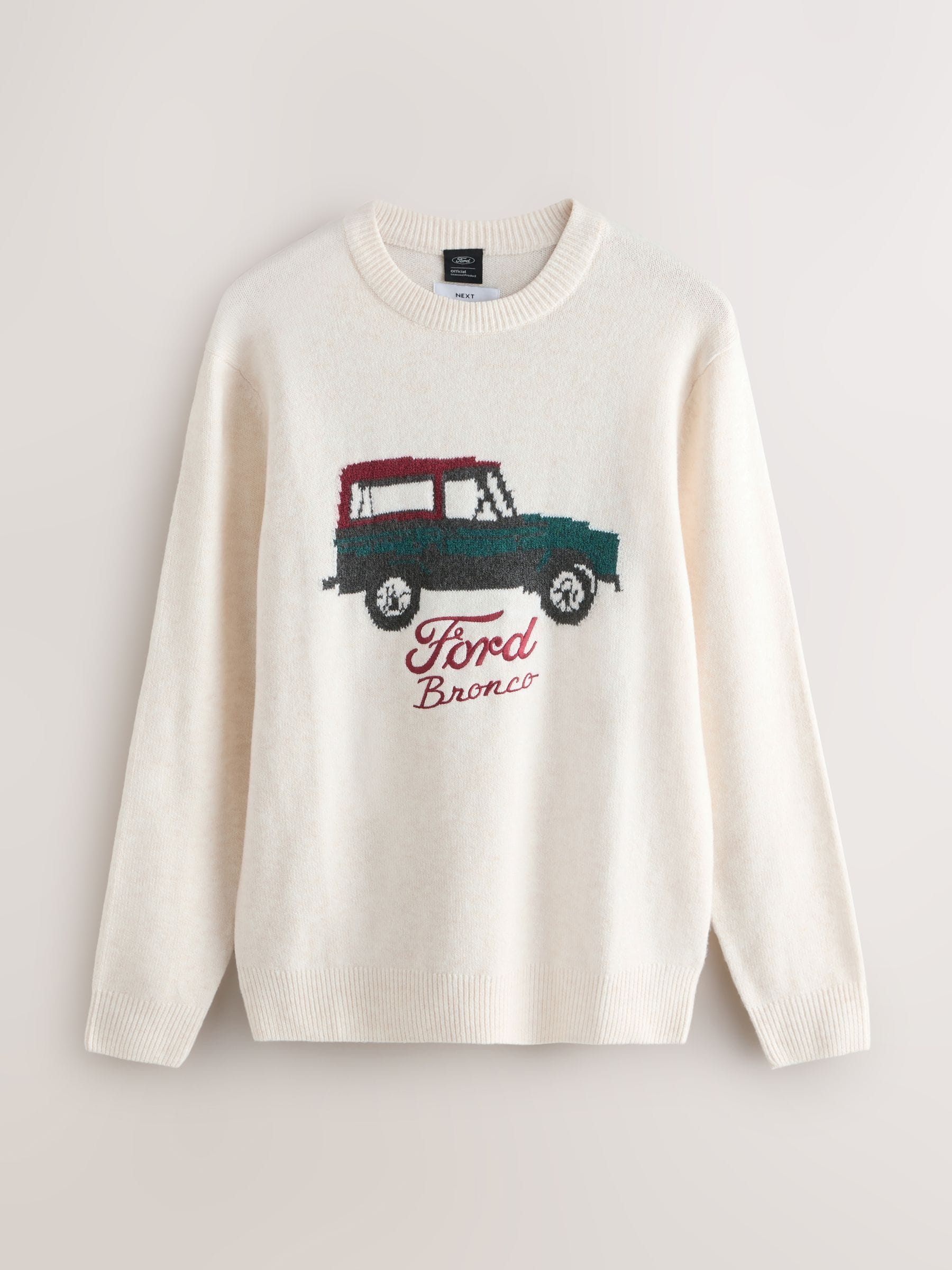 Next Ecru White Regular Fit Ford Bronco License Graphic Crew Neck Jumper With Wool