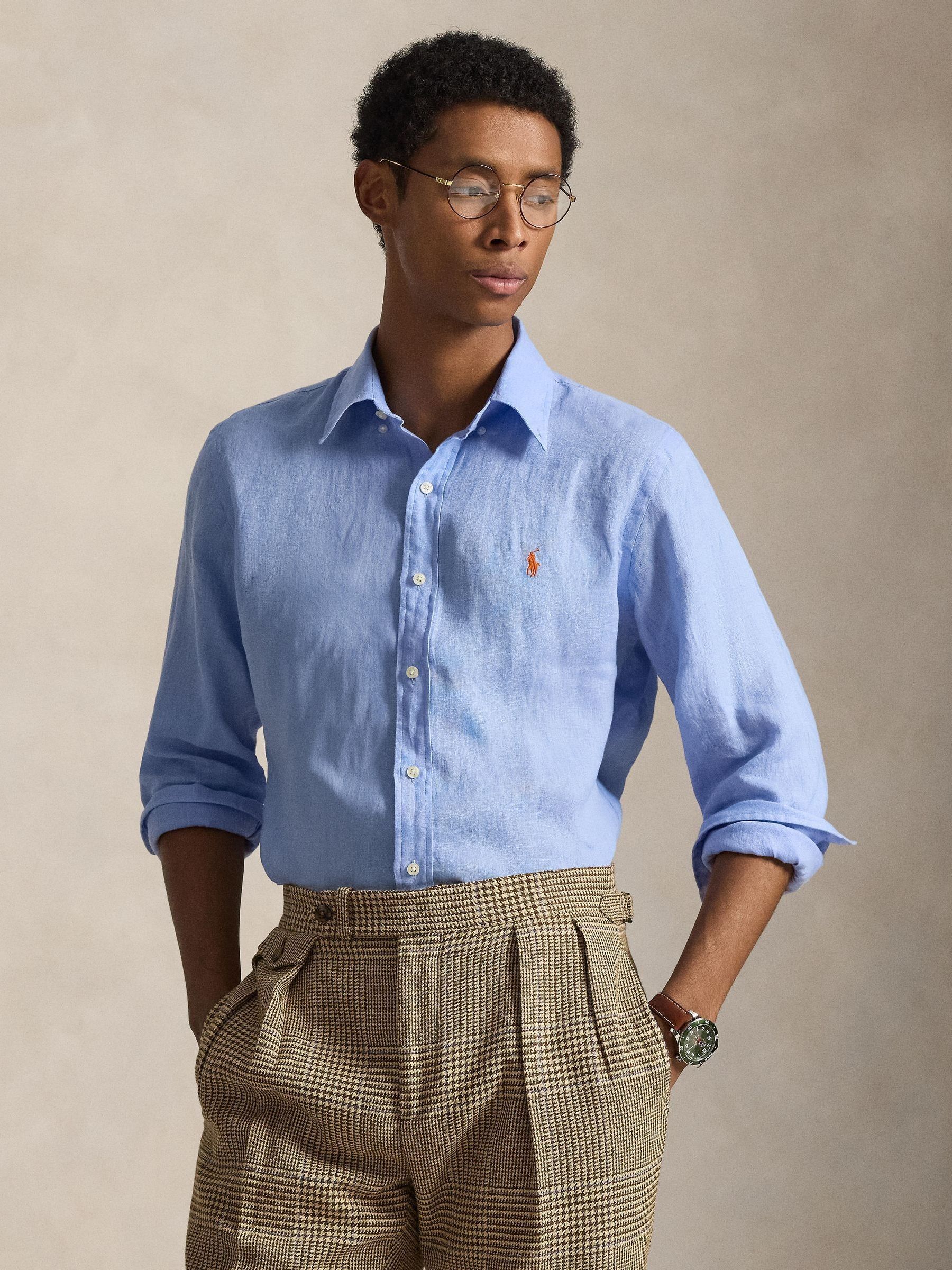 Polo Ralph Lauren Uomo Austin Blue Custom Fit Linen Shirt