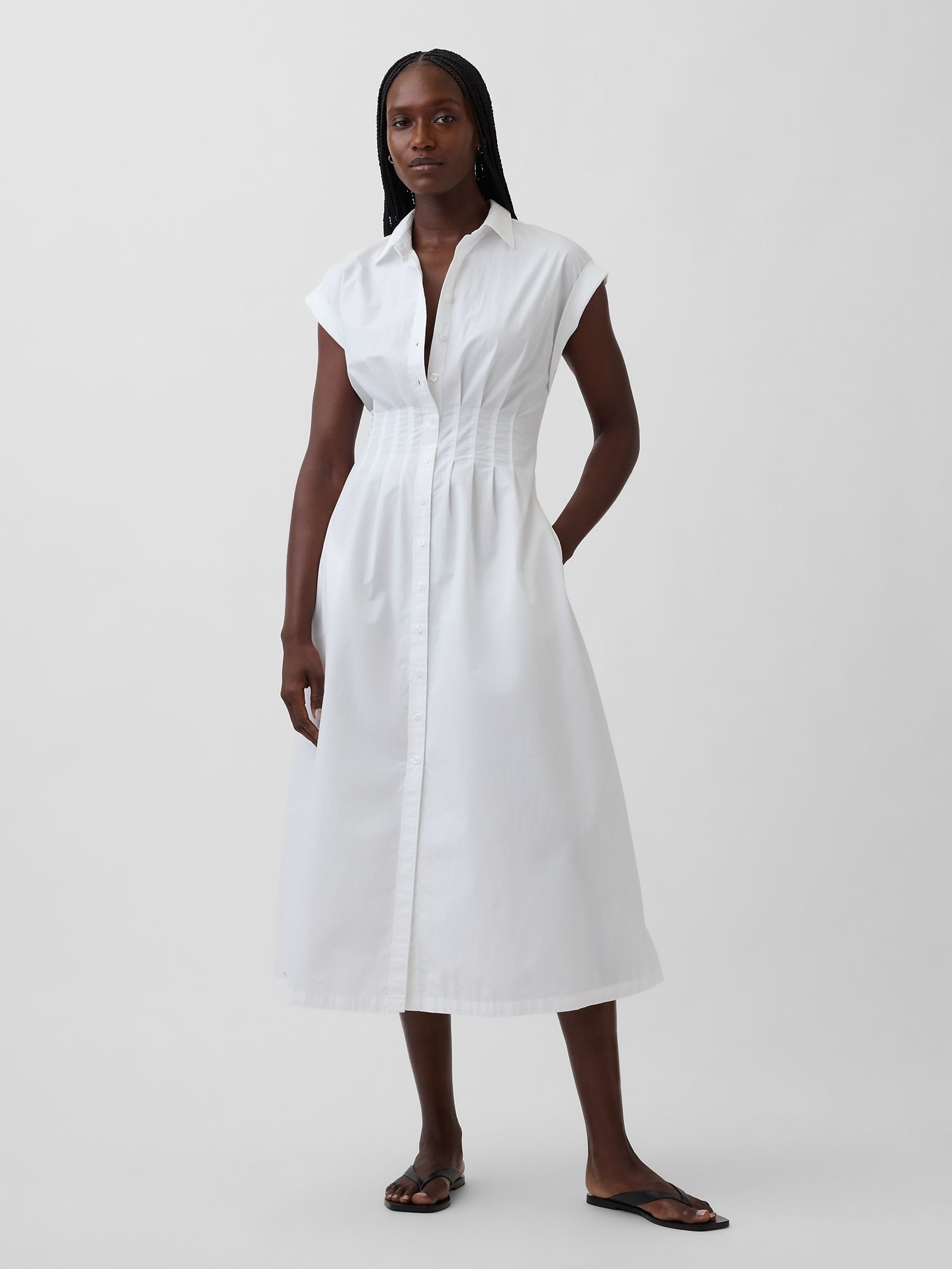 Gap White Poplin Cinched Midi Shirtdress