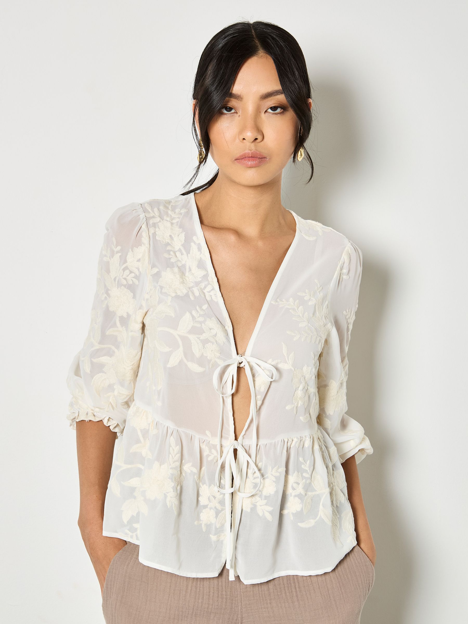 Apricot Cream Embroidered Floral Chiffon Blouse