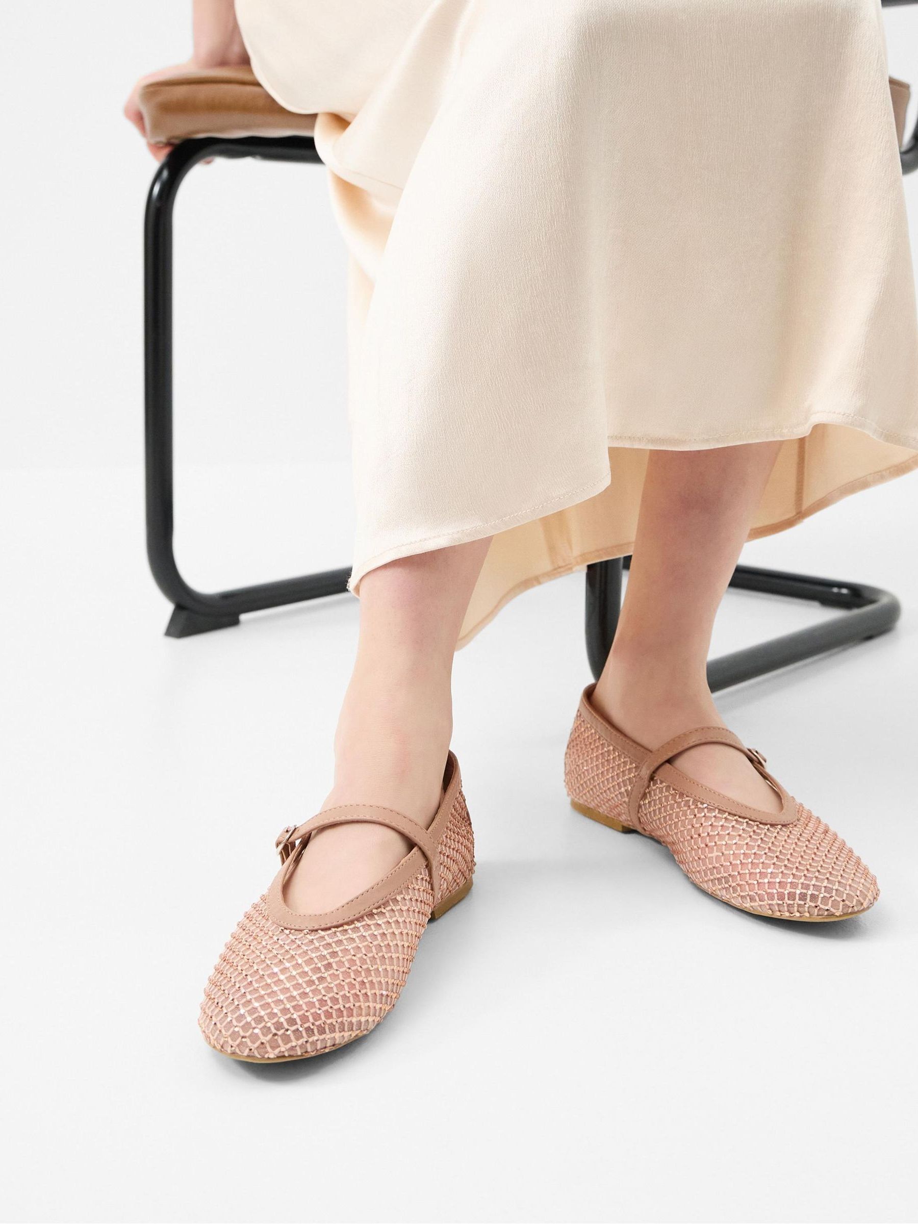 Accessorize Kvinno Rosa Rhinestone Mesh Mary Jane Ballet Flats