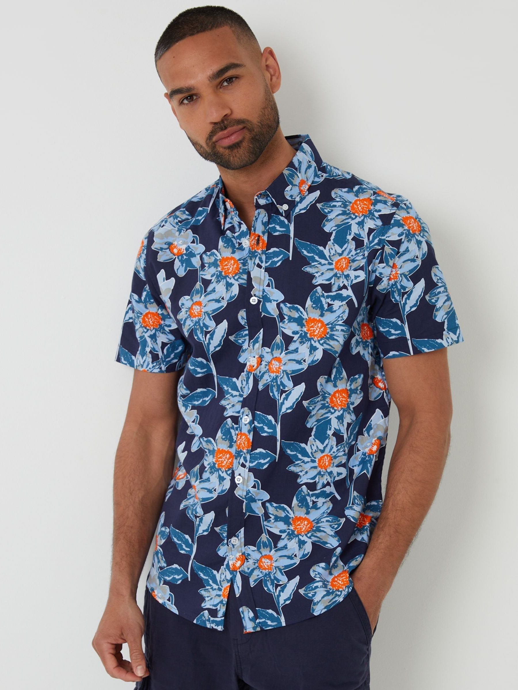 Next - Threadbare Męski Blue Floral Print Short Sleeve Shirt