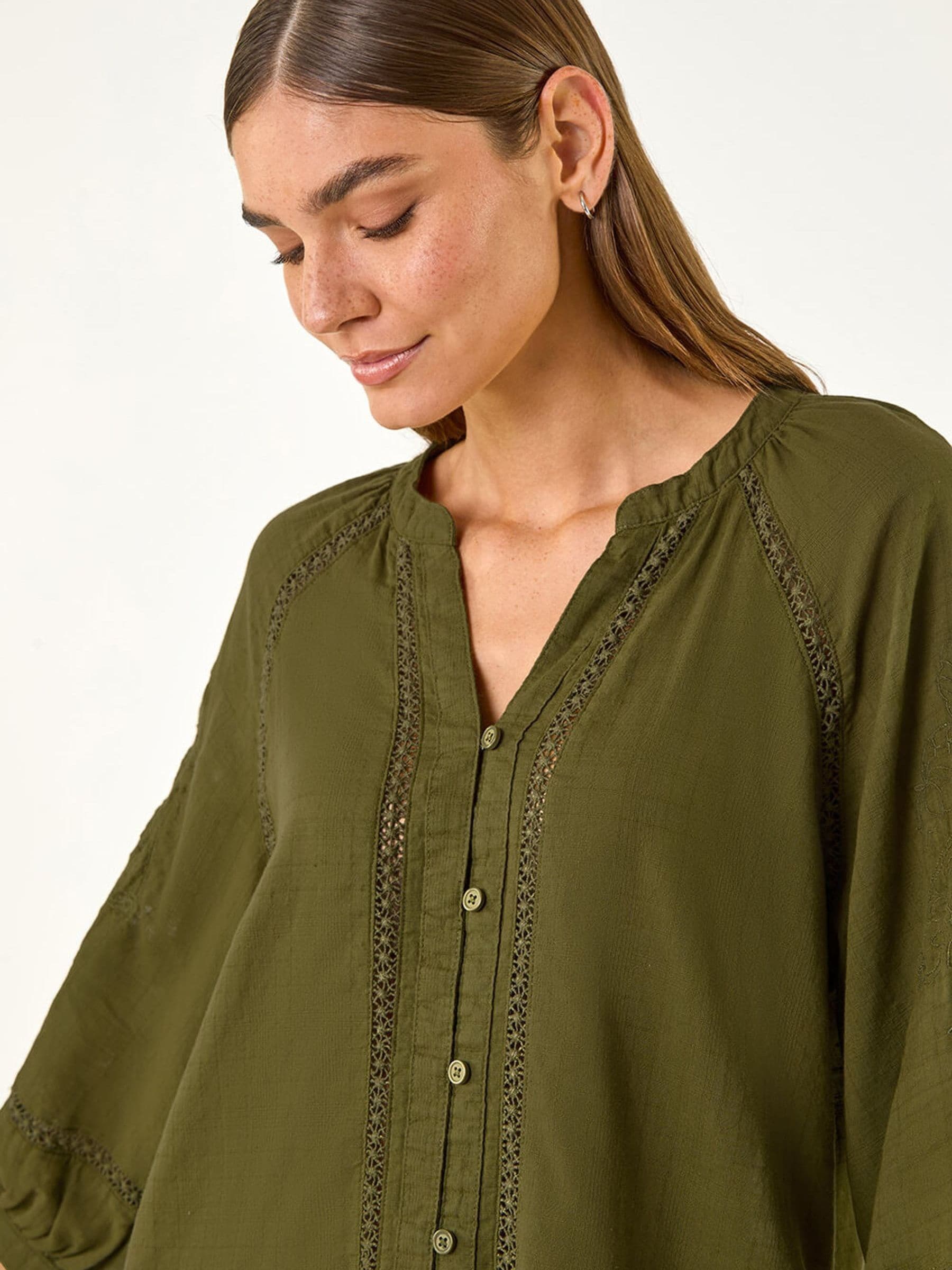 Roman Green Embroidered Cotton Sleeve Blouse
