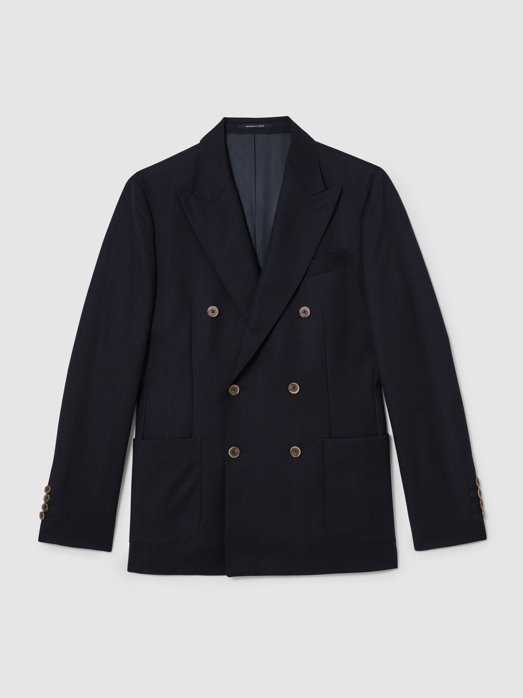 Reiss Navy Osteria Wool Herringbone Double-Breasted Blazer Tailored-Fit
