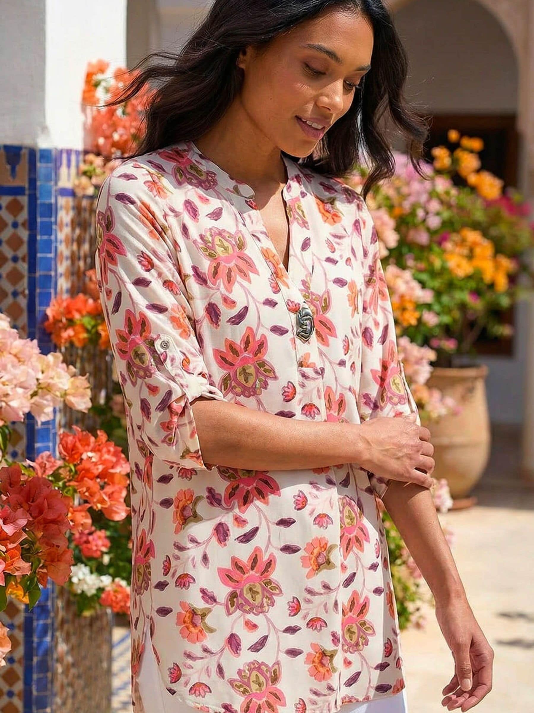 Roman Floreale Stampa - Top A Tunica Con Scollo A V E Bottoni