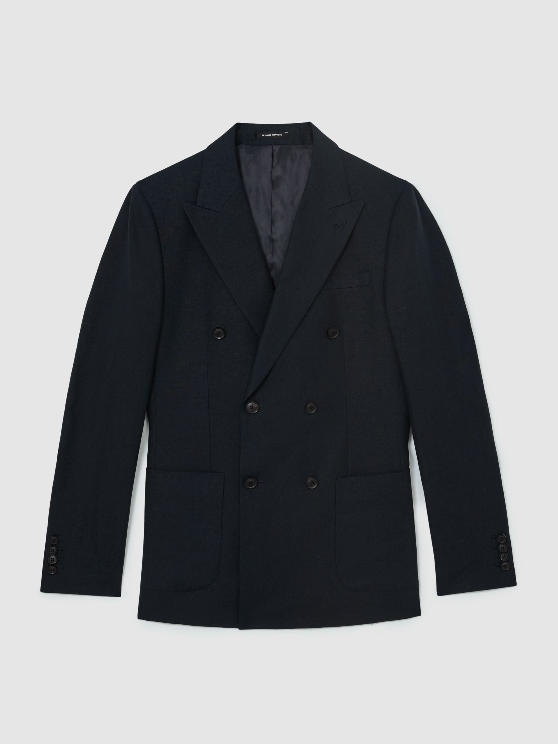 Reiss Navy Kin Tailored Fit Linen Double-Breasted Suit Blazer