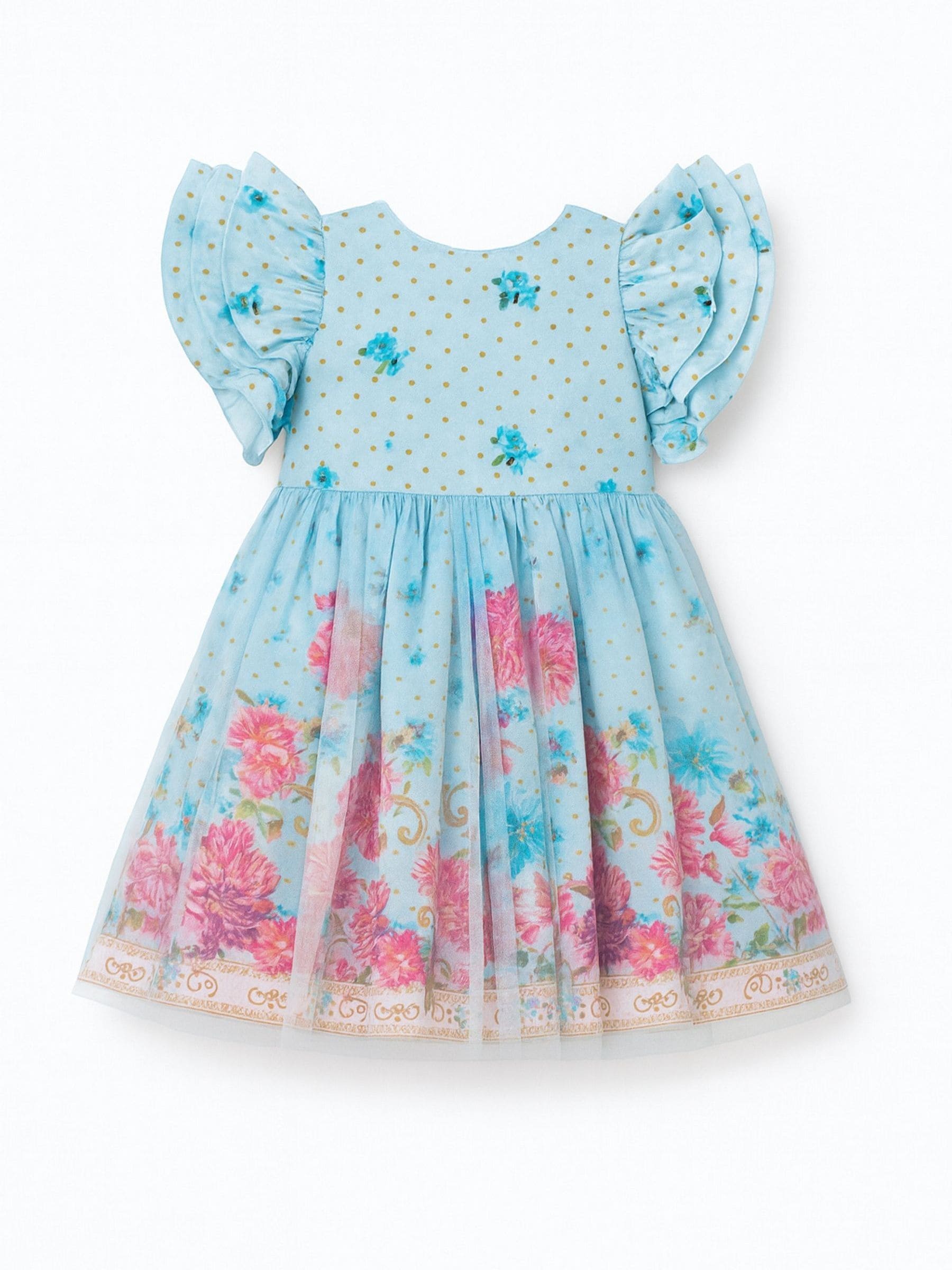 Angel & Rocket - Robe Fille - Bleu - Manches Volantées - Imprimé Floral