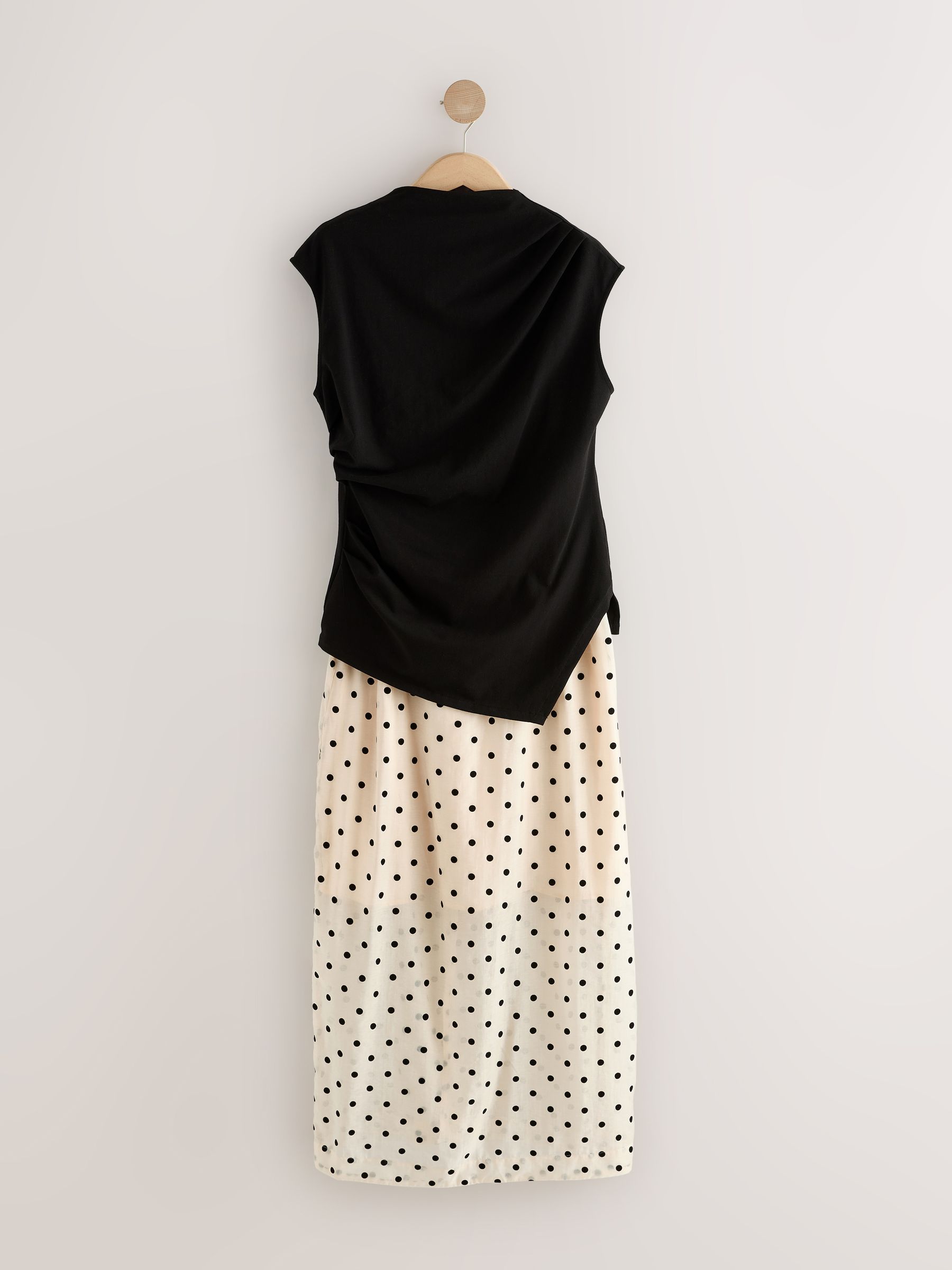 Next Vrouw Zwart/Ecru Polka Dot 2 In 1 Sheer Skirt Midi Dress