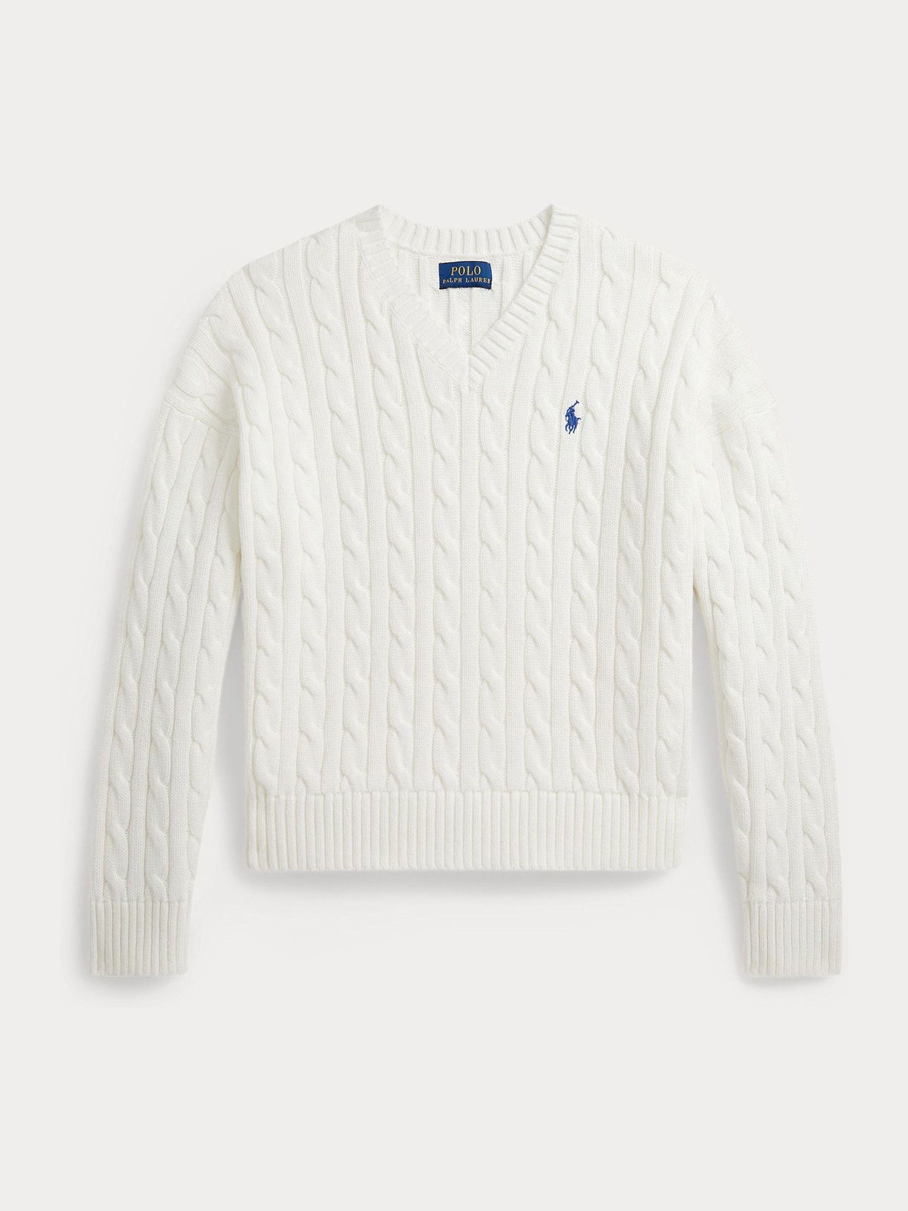 Polo Ralph Lauren White V Neck Cable Knit Jumper