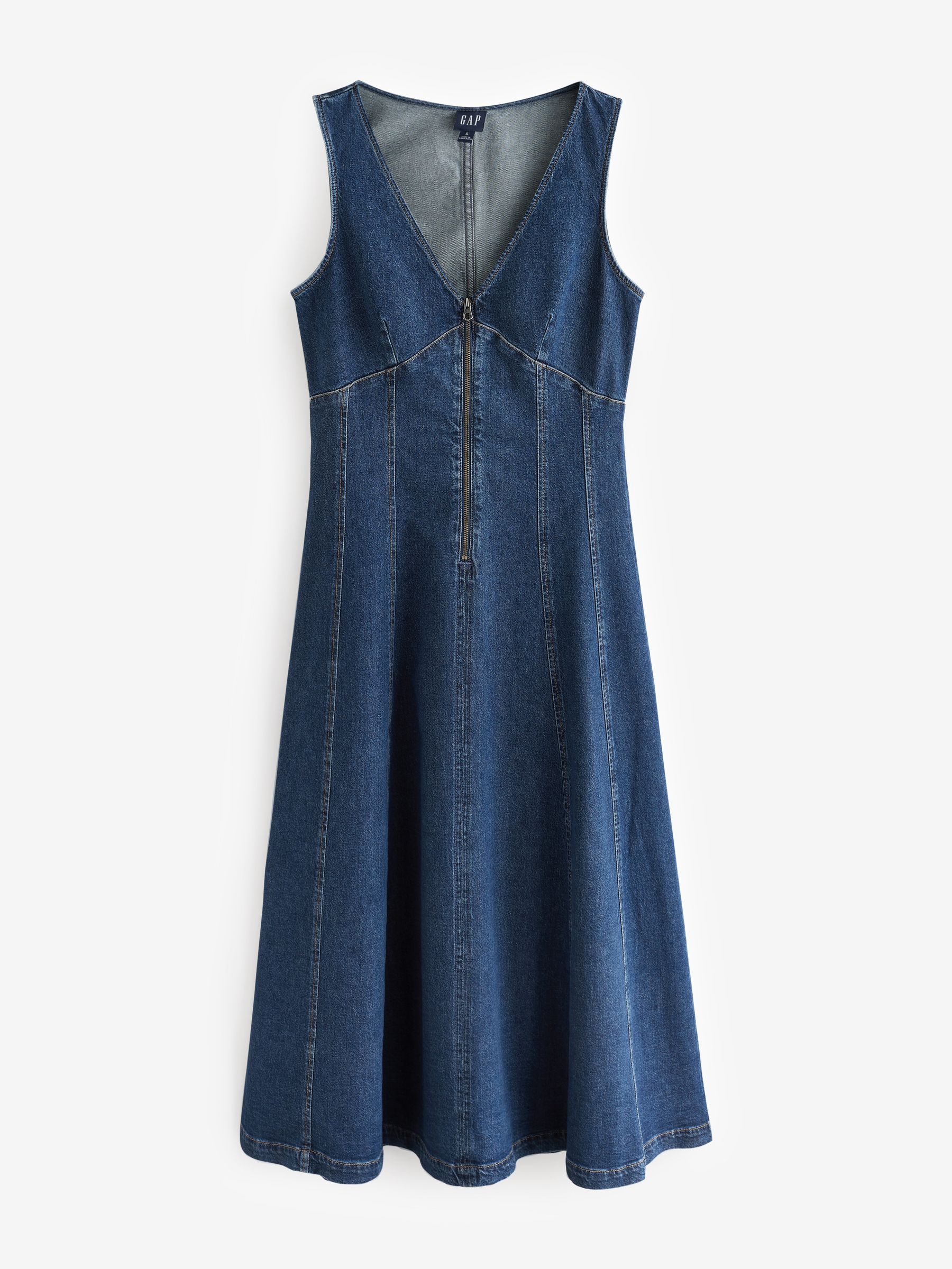 Gap Dark Wash Denim Seamed Zip-Front Midi Dress