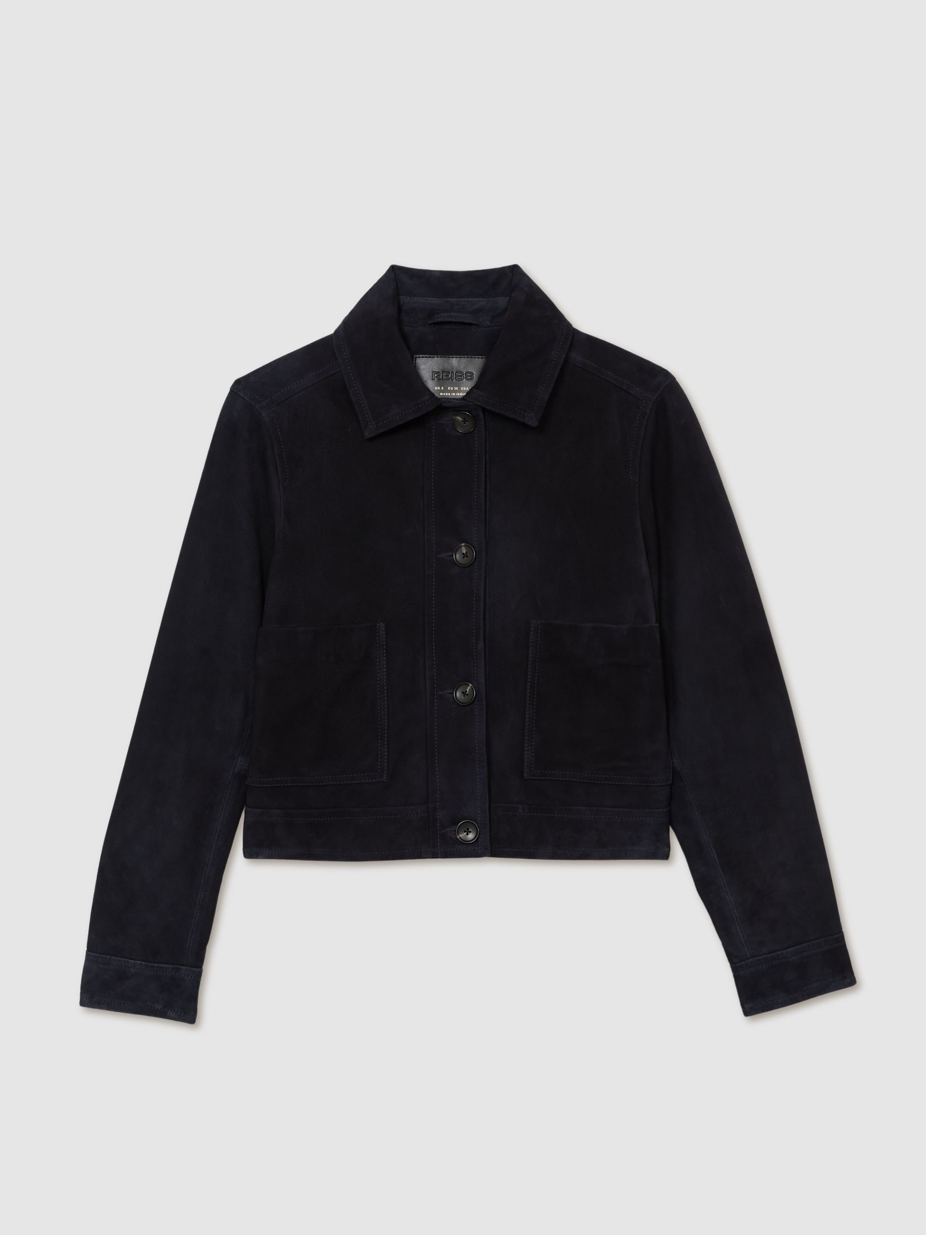 Reiss Navy Sonny Suede Cropped Trucker Jacket