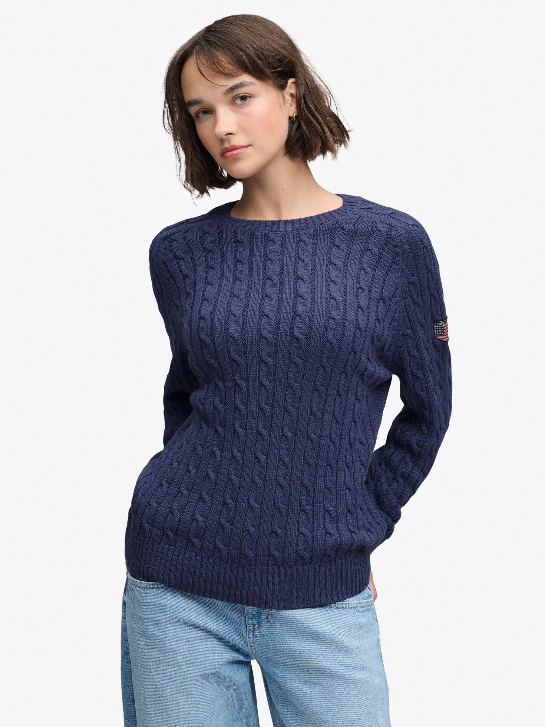 Superdry Damen Dunkelblau Strickpullover "Slouchy Cable Knit", Gr. Xl, Blau (Soft Navy), Strick, Obermaterial: 100% Baumwolle, Unifarben, Loose Fit Normal, R... - Bild 3