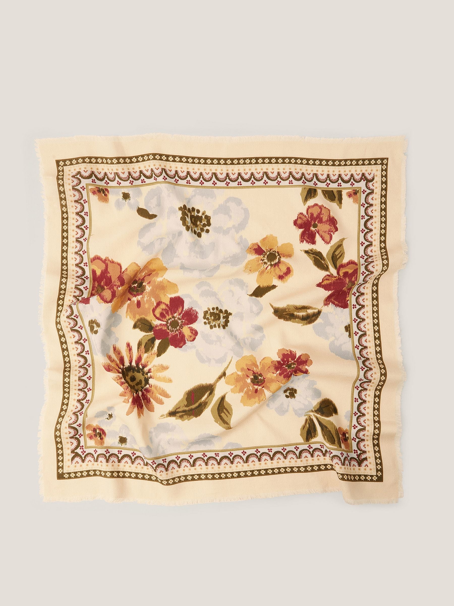Monsoon Cream Olive Square Floral Print Scarf
